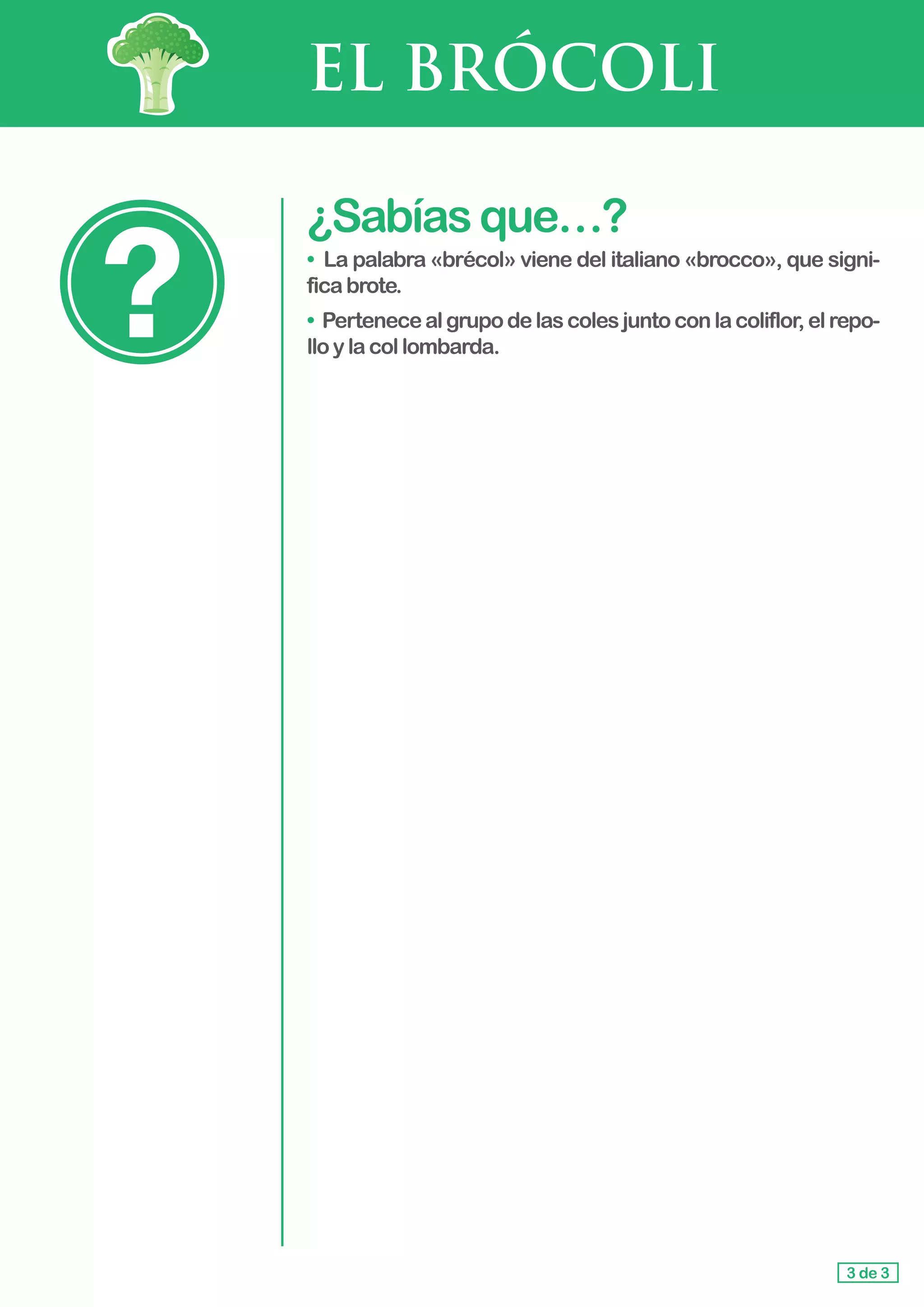 EL BRÓCOLI
¿Sabíasque…?
• La palabra «brécol» viene del italiano «brocco», que signi-
ficabrote.
• Pertenecealgrupodelascolesjuntoconlacoliflor,elrepo-
llo y lacollombarda.
3 de 3
 