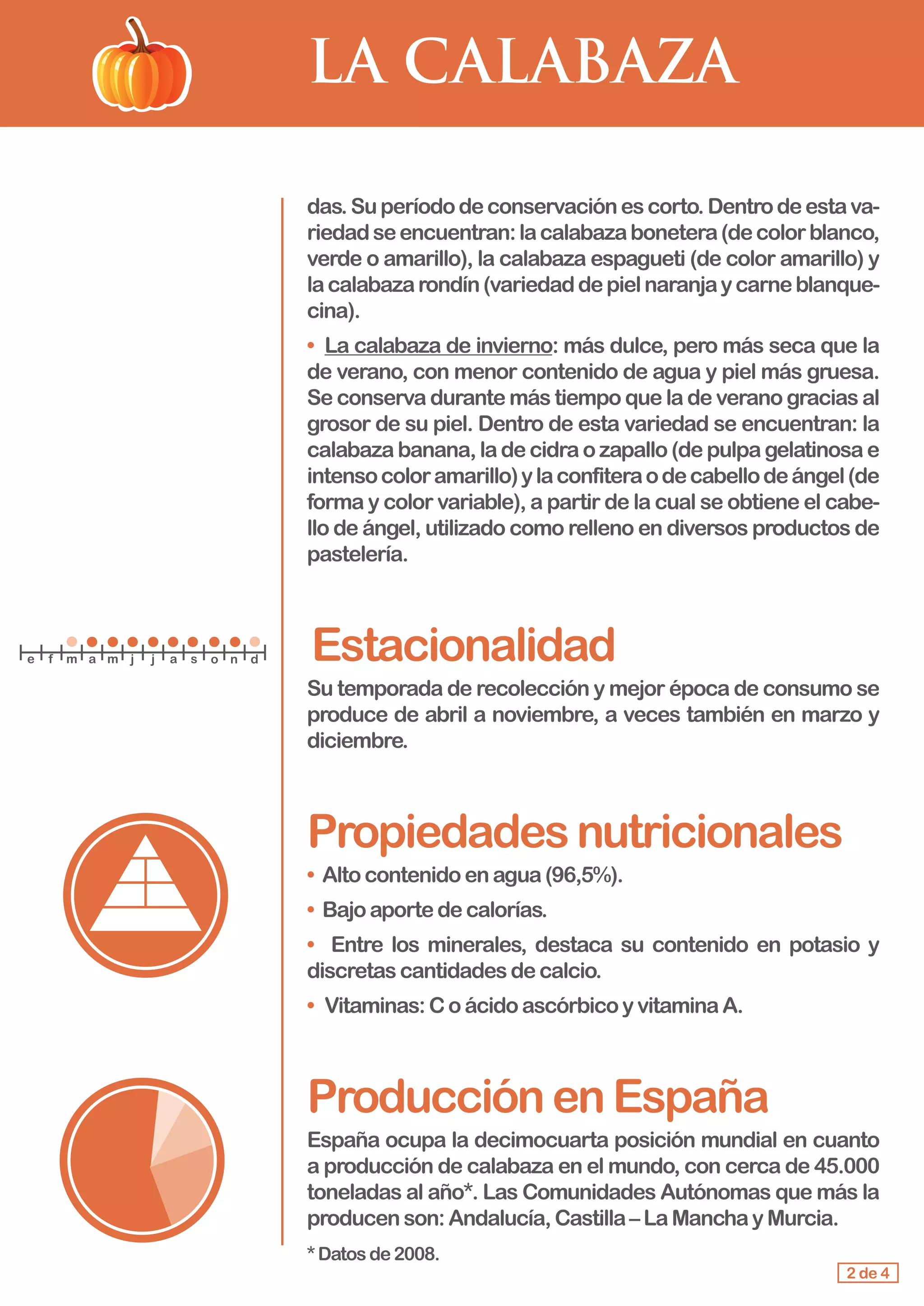 LA CALABAZA
das.Superíododeconservaciónescorto.Dentrodeestava-
riedadseencuentran:lacalabazabonetera(decolorblanco,
verde o amarillo), la calabaza espagueti (de color amarillo) y
lacalabazarondín(variedaddepielnaranjaycarneblanque-
cina).
• La calabaza de invierno: más dulce, pero más seca que la
de verano, con menor contenido de agua y piel más gruesa.
Se conserva durante más tiempo que la de verano gracias al
grosor de su piel. Dentro de esta variedad se encuentran: la
calabaza banana, la de cidra o zapallo (de pulpa gelatinosa e
intensocoloramarillo)ylaconfiteraodecabellodeángel(de
forma y color variable), a partir de la cual se obtiene el cabe-
llo de ángel, utilizado como relleno en diversos productos de
pastelería.
Estacionalidad
Su temporada de recolección y mejor época de consumo se
produce de abril a noviembre, a veces también en marzo y
diciembre.
Propiedadesnutricionales
• Alto contenidoenagua(96,5%).
• Bajo aportedecalorías.
• Entre los minerales, destaca su contenido en potasio y
discretascantidadesdecalcio.
•	 Vitaminas:CoácidoascórbicoyvitaminaA.
ProducciónenEspaña
España ocupa la decimocuarta posición mundial en cuanto
a producción de calabaza en el mundo, con cerca de 45.000
toneladas al año*. Las Comunidades Autónomas que más la
producenson:Andalucía,Castilla–LaManchayMurcia.
*Datosde2008.
2 de 4
e f m a m j j a s o n d
 