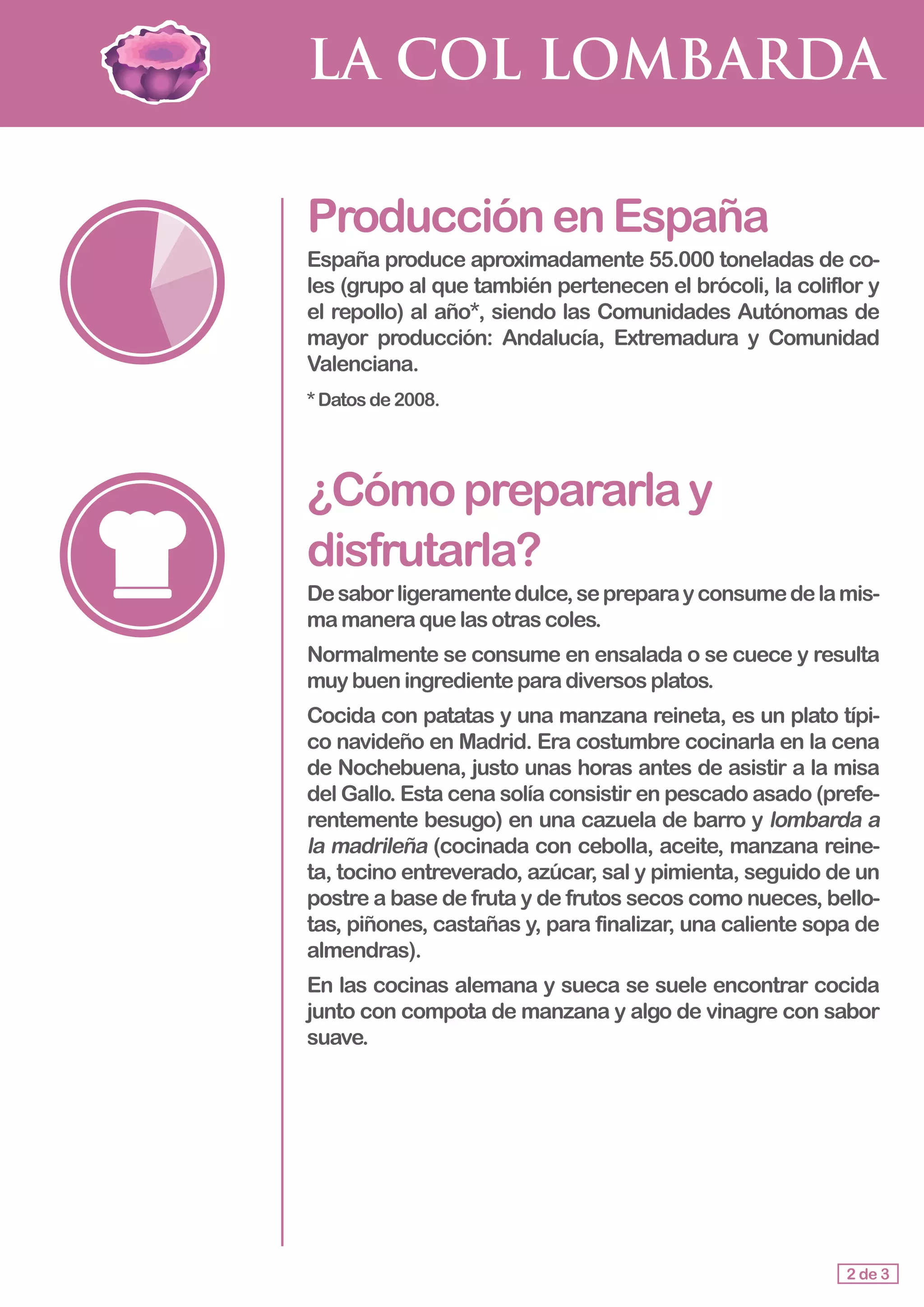 LA COL LOMBARDA
ProducciónenEspaña
España produce aproximadamente 55.000 toneladas de co-
les (grupo al que también pertenecen el brócoli, la coliflor y
el repollo) al año*, siendo las Comunidades Autónomas de
mayor producción: Andalucía, Extremadura y Comunidad
Valenciana.
*Datosde2008.
¿Cómoprepararlay
disfrutarla?
Desaborligeramentedulce,sepreparayconsumedelamis-
mamaneraquelasotrascoles.
Normalmente se consume en ensalada o se cuece y resulta
muy bueningredienteparadiversosplatos.
Cocida con patatas y una manzana reineta, es un plato típi-
co navideño en Madrid. Era costumbre cocinarla en la cena
de Nochebuena, justo unas horas antes de asistir a la misa
del Gallo. Esta cena solía consistir en pescado asado (prefe-
rentemente besugo) en una cazuela de barro y lombarda a
la madrileña (cocinada con cebolla, aceite, manzana reine-
ta, tocino entreverado, azúcar, sal y pimienta, seguido de un
postre a base de fruta y de frutos secos como nueces, bello-
tas, piñones, castañas y, para finalizar, una caliente sopa de
almendras).
En las cocinas alemana y sueca se suele encontrar cocida
junto con compota de manzana y algo de vinagre con sabor
suave.
2 de 3
 