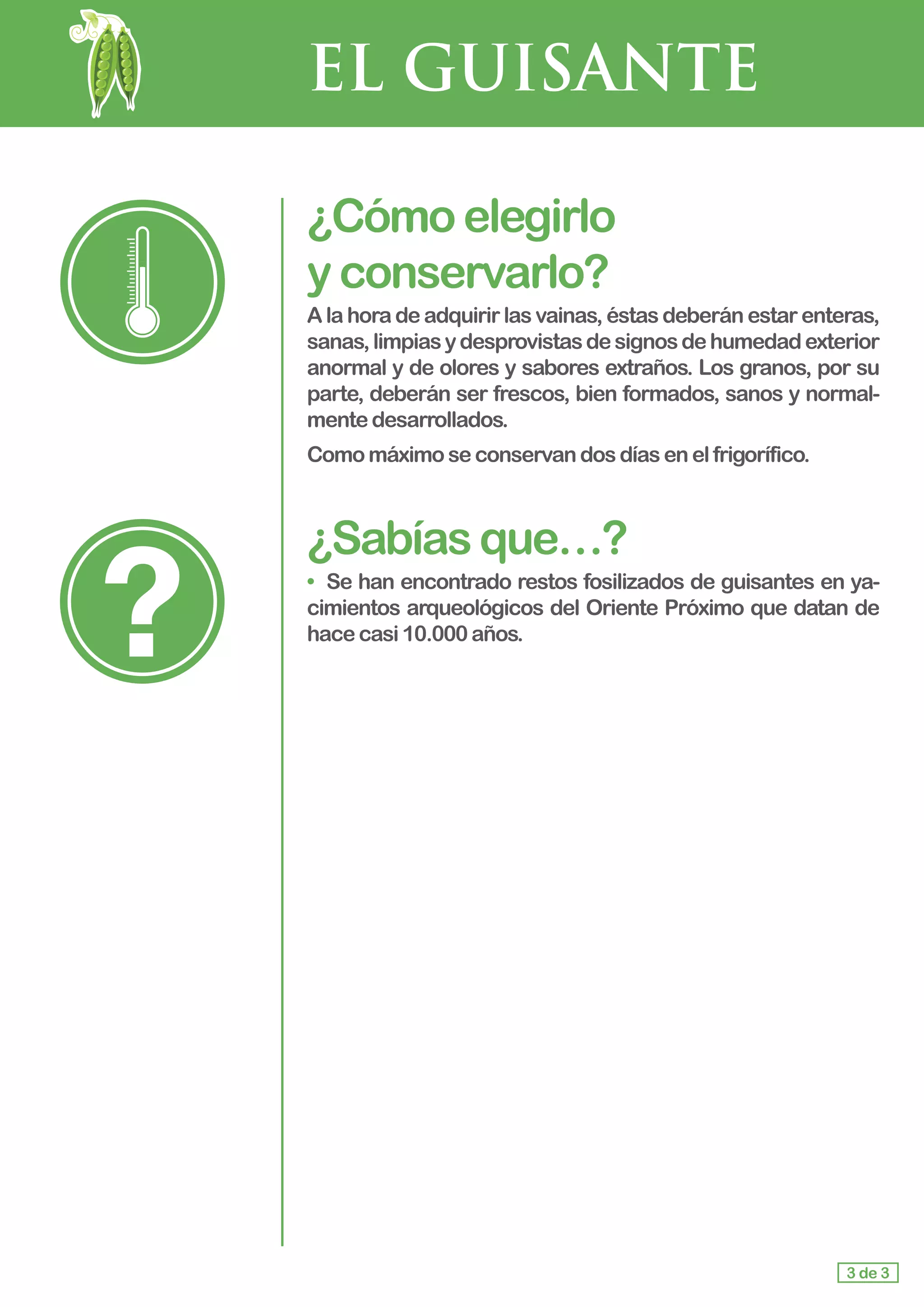 EL GUISANTE
¿Cómoelegirlo 			
yconservarlo?
A la hora de adquirir las vainas, éstas deberán estar enteras,
sanas,limpiasydesprovistasdesignosdehumedadexterior
anormal y de olores y sabores extraños. Los granos, por su
parte, deberán ser frescos, bien formados, sanos y normal-
mentedesarrollados.
Como máximoseconservandosdíasenelfrigorífico.
¿Sabíasque…?
• Se han encontrado restos fosilizados de guisantes en ya-
cimientos arqueológicos del Oriente Próximo que datan de
hacecasi10.000años.
3 de 3
 