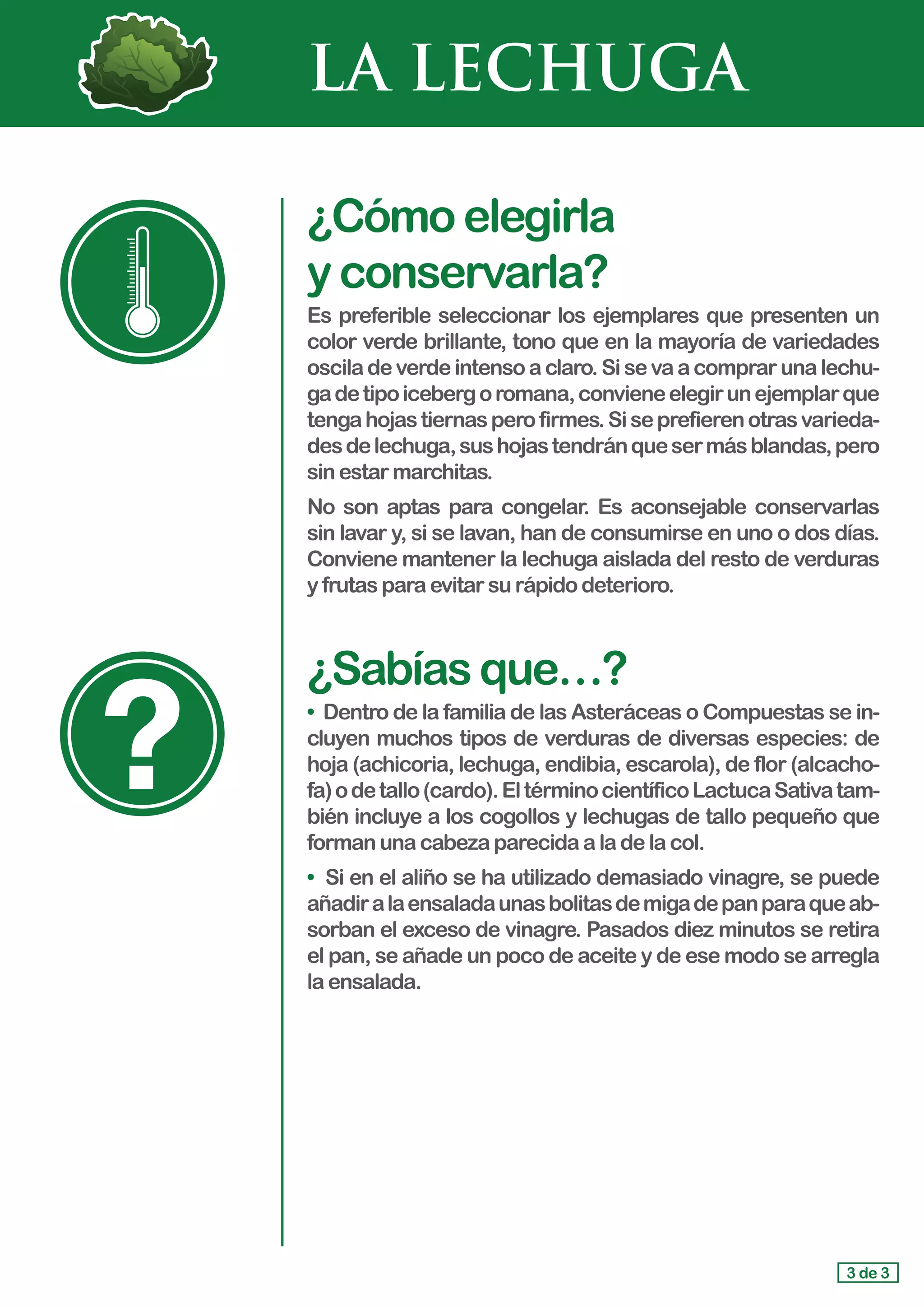 LA LECHUGA
¿Cómoelegirla 			
yconservarla?
Es preferible seleccionar los ejemplares que presenten un
color verde brillante, tono que en la mayoría de variedades
osciladeverdeintensoaclaro.Sisevaacomprarunalechu-
gadetipoicebergoromana,convieneelegirunejemplarque
tengahojastiernasperofirmes.Siseprefierenotrasvarieda-
desdelechuga,sushojastendránquesermásblandas,pero
sin estar marchitas.
No son aptas para congelar. Es aconsejable conservarlas
sin lavar y, si se lavan, han de consumirse en uno o dos días.
Conviene mantener la lechuga aislada del resto de verduras
y frutas paraevitarsurápidodeterioro.
¿Sabíasque…?
• Dentro de la familia de las Asteráceas o Compuestas se in-
cluyen muchos tipos de verduras de diversas especies: de
hoja (achicoria, lechuga, endibia, escarola), de flor (alcacho-
fa)odetallo(cardo).EltérminocientíficoLactucaSativatam-
bién incluye a los cogollos y lechugas de tallo pequeño que
forman unacabezaparecidaaladelacol.
• Si en el aliño se ha utilizado demasiado vinagre, se puede
añadiralaensaladaunasbolitasdemigadepanparaqueab-
sorban el exceso de vinagre. Pasados diez minutos se retira
el pan, se añade un poco de aceite y de ese modo se arregla
laensalada.
3 de 3
 