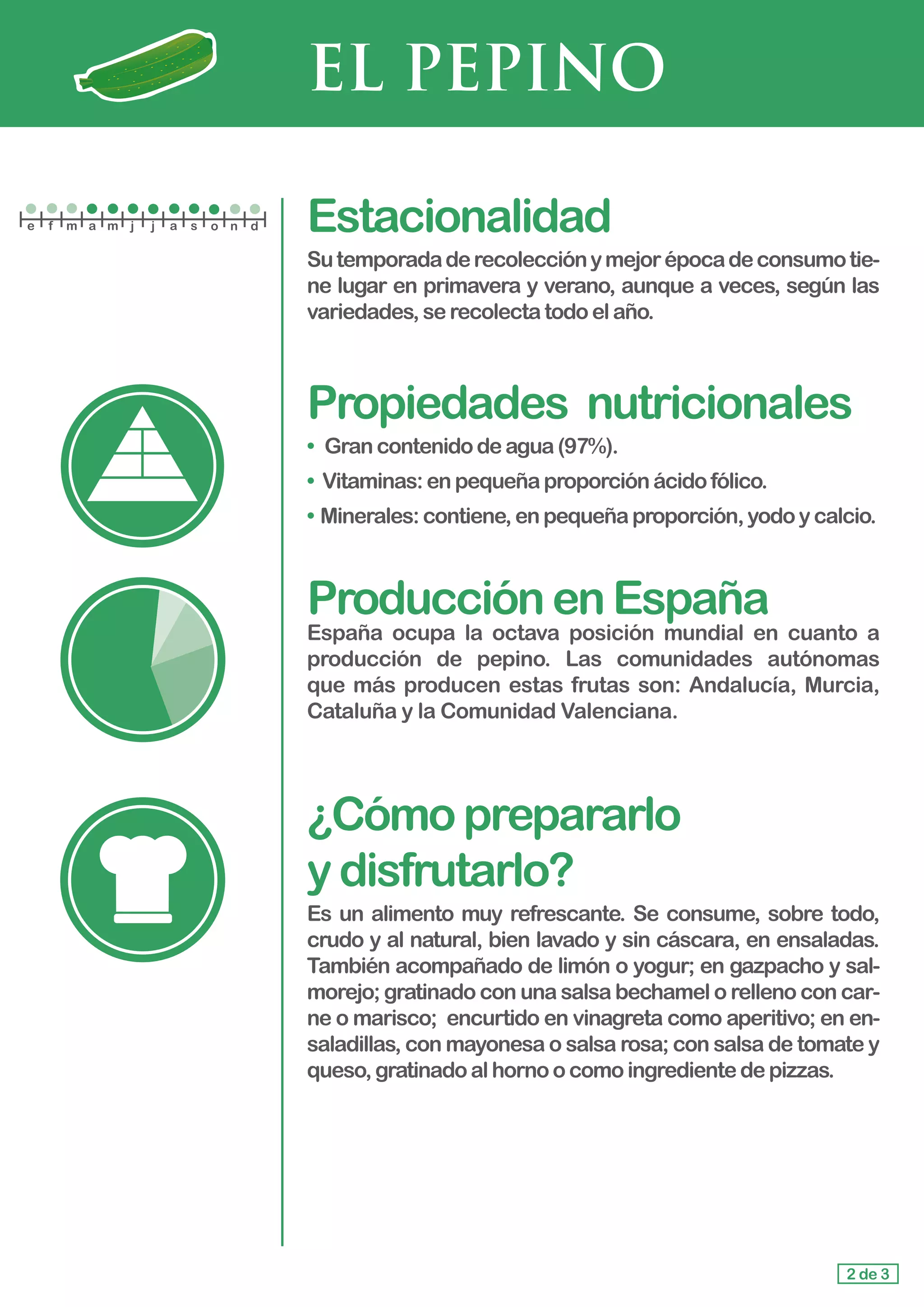 EL PEPINO
Estacionalidad
Sutemporadaderecolecciónymejorépocadeconsumotie-
ne lugar en primavera y verano, aunque a veces, según las
variedades,serecolectatodoelaño.
Propiedades	 nutricionales
• 	Gran contenidodeagua(97%).
• Vitaminas:enpequeñaproporciónácidofólico.
•	Minerales:contiene,enpequeñaproporción,yodoycalcio.
ProducciónenEspaña
España ocupa la octava posición mundial en cuanto a
producción de pepino. Las comunidades autónomas
que más producen estas frutas son: Andalucía, Murcia,
Cataluña y la Comunidad Valenciana.
¿Cómoprepararlo				
ydisfrutarlo?
Es un alimento muy refrescante. Se consume, sobre todo,
crudo y al natural, bien lavado y sin cáscara, en ensaladas.
También acompañado de limón o yogur; en gazpacho y sal-
morejo; gratinado con una salsa bechamel o relleno con car-
ne o marisco; encurtido en vinagreta como aperitivo; en en-
saladillas, con mayonesa o salsa rosa; con salsa de tomate y
queso,gratinadoalhornoocomoingredientedepizzas.
2 de 3
e f m a m j j a s o n d
 