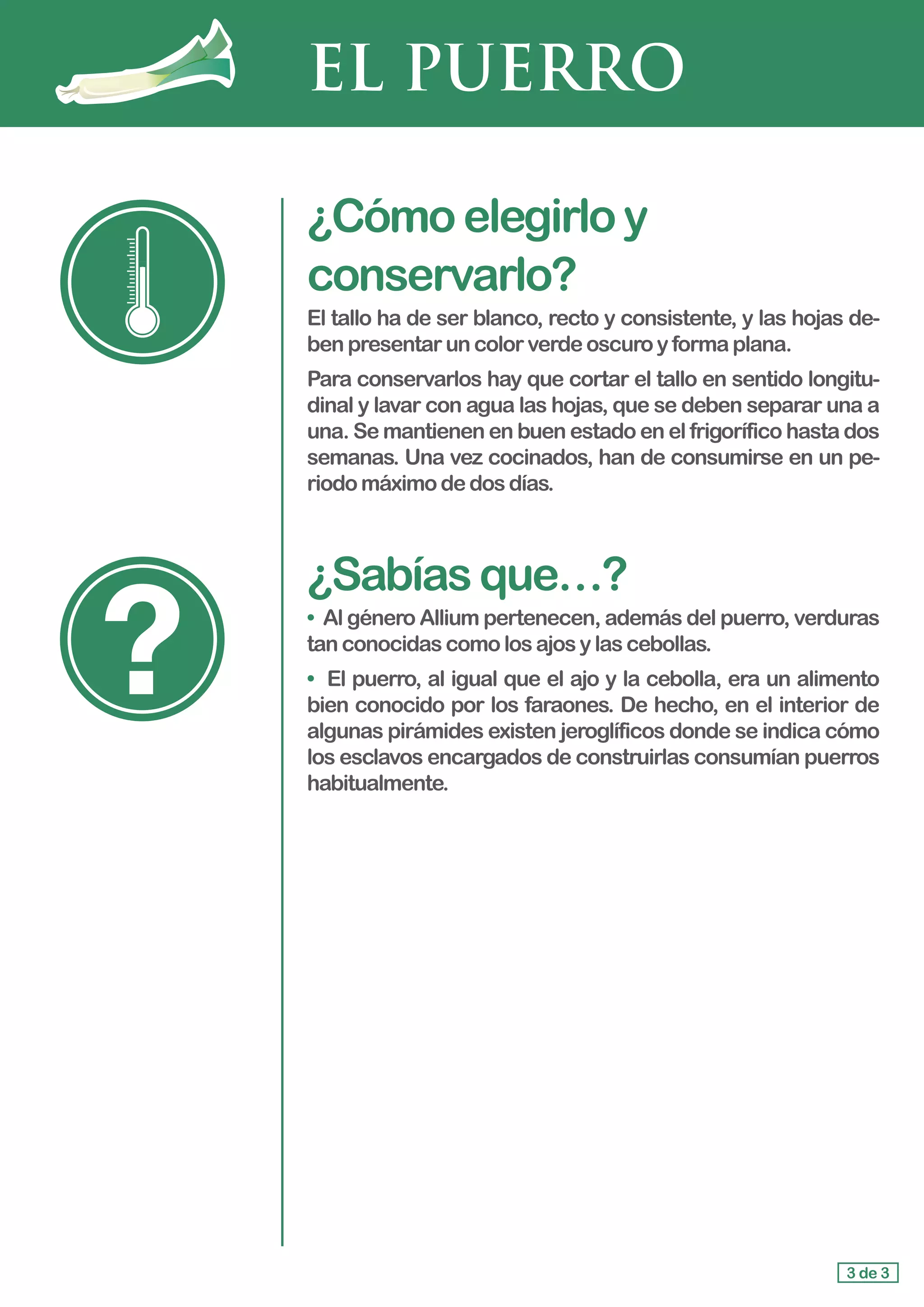 EL PUERRO
¿Cómoelegirloy
conservarlo?
El tallo ha de ser blanco, recto y consistente, y las hojas de-
ben presentaruncolorverdeoscuroyformaplana.
Para conservarlos hay que cortar el tallo en sentido longitu-
dinal y lavar con agua las hojas, que se deben separar una a
una. Se mantienen en buen estado en el frigorífico hasta dos
semanas. Una vez cocinados, han de consumirse en un pe-
riodo máximodedosdías.
¿Sabíasque…?
• Al género Allium pertenecen, además del puerro, verduras
tan conocidascomolosajosylascebollas.
• El puerro, al igual que el ajo y la cebolla, era un alimento
bien conocido por los faraones. De hecho, en el interior de
algunas pirámides existen jeroglíficos donde se indica cómo
los esclavos encargados de construirlas consumían puerros
habitualmente.
3 de 3
 