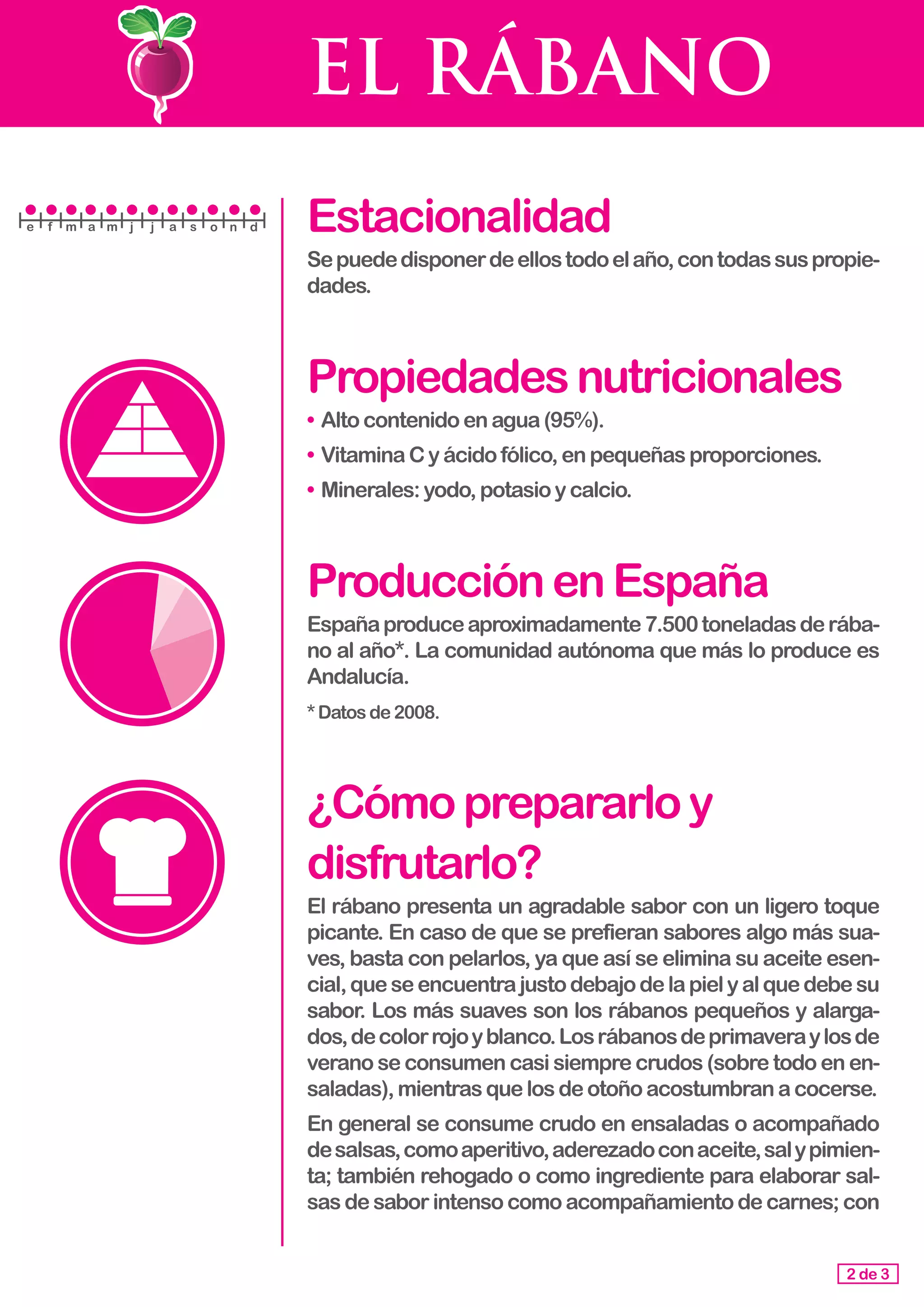 EL RÁBANO
Estacionalidad
Sepuededisponerdeellostodoelaño,contodassuspropie-
dades.
Propiedadesnutricionales
• 	Alto contenidoenagua(95%).
•	VitaminaCyácidofólico,enpequeñasproporciones.
•	Minerales:yodo,potasioycalcio.
ProducciónenEspaña
Españaproduceaproximadamente7.500toneladasderába-
no al año*. La comunidad autónoma que más lo produce es
Andalucía.
*Datosde2008.
¿Cómoprepararloy
disfrutarlo?
El rábano presenta un agradable sabor con un ligero toque
picante. En caso de que se prefieran sabores algo más sua-
ves, basta con pelarlos, ya que así se elimina su aceite esen-
cial,queseencuentrajustodebajodelapielyalquedebesu
sabor. Los más suaves son los rábanos pequeños y alarga-
dos,decolorrojoyblanco.Losrábanosdeprimaveraylosde
verano se consumen casi siempre crudos (sobre todo en en-
saladas), mientrasquelosdeotoñoacostumbrana cocerse.
En general se consume crudo en ensaladas o acompañado
desalsas,comoaperitivo,aderezadoconaceite,salypimien-
ta; también rehogado o como ingrediente para elaborar sal-
sas de sabor intenso como acompañamiento de carnes; con
2 de 3
e f m a m j j a s o n d
 
