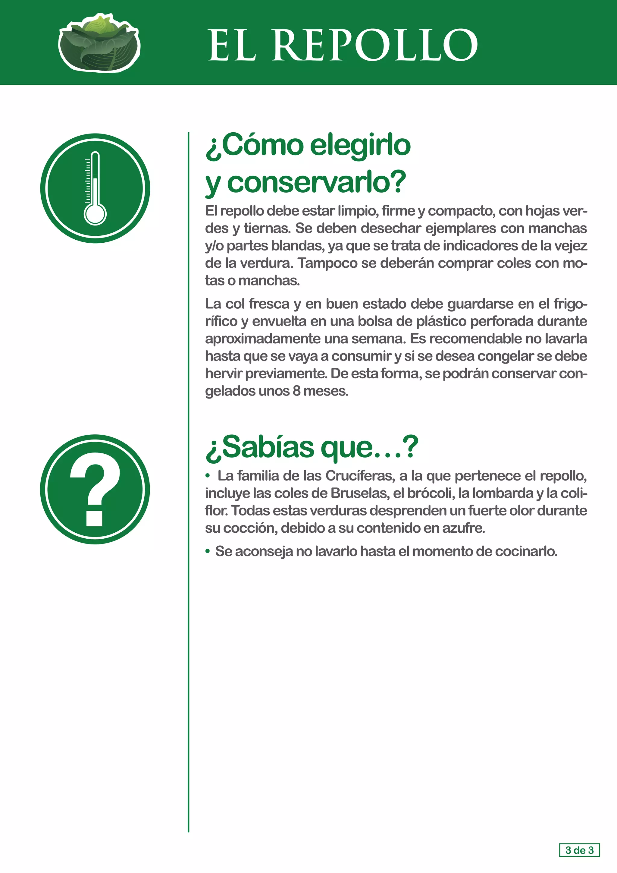 EL REPOLLO
¿Cómoelegirlo 			
yconservarlo?
Elrepollodebeestarlimpio,firmeycompacto,conhojasver-
des y tiernas. Se deben desechar ejemplares con manchas
y/o partes blandas, ya que se trata de indicadores de la vejez
de la verdura. Tampoco se deberán comprar coles con mo-
tas o manchas.
La col fresca y en buen estado debe guardarse en el frigo-
rífico y envuelta en una bolsa de plástico perforada durante
aproximadamente una semana. Es recomendable no lavarla
hastaquesevayaaconsumirysisedeseacongelarsedebe
hervirpreviamente.Deestaforma,sepodránconservarcon-
gelados unos8meses.
¿Sabíasque…?
• La familia de las Crucíferas, a la que pertenece el repollo,
incluye las coles de Bruselas, el brócoli, la lombarda y la coli-
flor.Todasestasverdurasdesprendenunfuerteolordurante
su cocción,debidoasucontenidoenazufre.
• Seaconsejanolavarlohastaelmomentodecocinarlo.
3 de 3
 