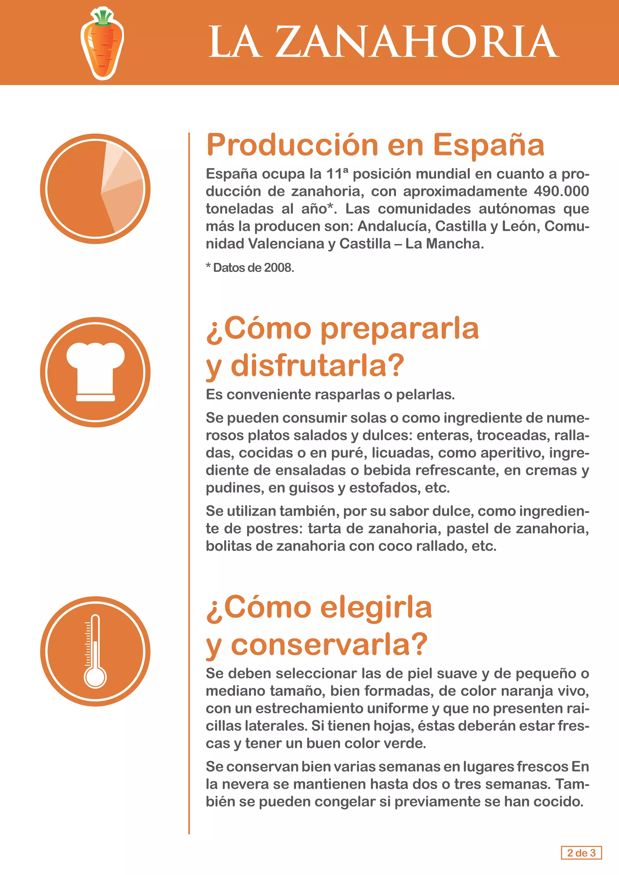 LA ZANAHORIA
Producción en España
España ocupa la 11ª posición mundial en cuanto a pro-
ducción de zanahoria, con aproximadamente 490.000
toneladas al año*. Las comunidades autónomas que
más la producen son: Andalucía, Castilla y León, Comu-
nidad Valenciana y Castilla – La Mancha.
*Datosde2008.
¿Cómo prepararla 			
y disfrutarla?
Es conveniente rasparlas o pelarlas.
Se pueden consumir solas o como ingrediente de nume-
rosos platos salados y dulces: enteras, troceadas, ralla-
das, cocidas o en puré, licuadas, como aperitivo, ingre-
diente de ensaladas o bebida refrescante, en cremas y
pudines, en guisos y estofados, etc.
Se utilizan también, por su sabor dulce, como ingredien-
te de postres: tarta de zanahoria, pastel de zanahoria,
bolitas de zanahoria con coco rallado, etc.
¿Cómo elegirla 				
y conservarla?
Se deben seleccionar las de piel suave y de pequeño o
mediano tamaño, bien formadas, de color naranja vivo,
con un estrechamiento uniforme y que no presenten rai-
cillas laterales. Si tienen hojas, éstas deberán estar fres-
cas y tener un buen color verde.
Se conservan bien varias semanas en lugares frescos En
la nevera se mantienen hasta dos o tres semanas. Tam-
bién se pueden congelar si previamente se han cocido.
2 de 3
 