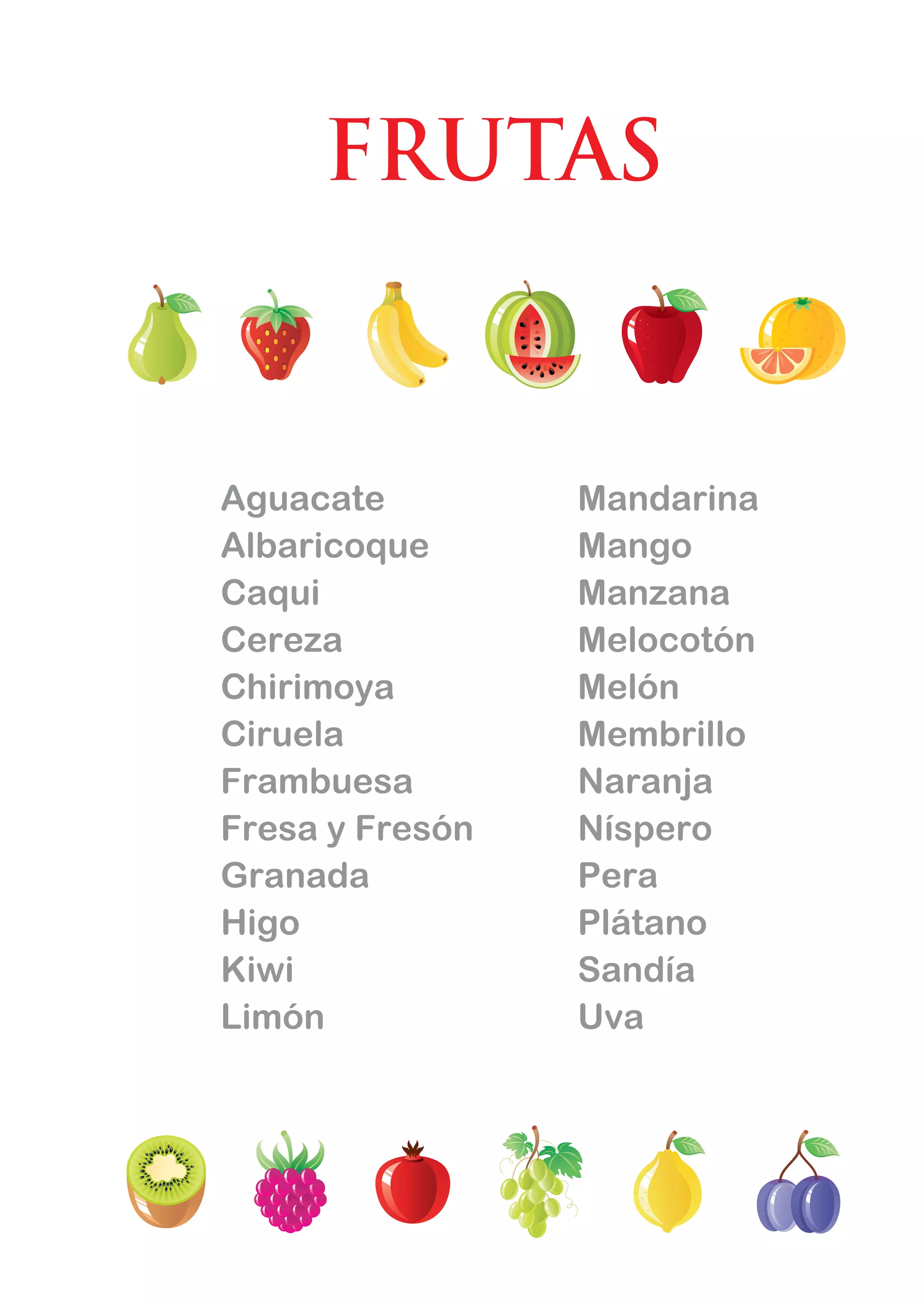 FRUTAS
Aguacate
Albaricoque
Caqui
Cereza
Chirimoya
Ciruela
Frambuesa
Fresa y Fresón
Granada
Higo
Kiwi
Limón
Mandarina
Mango
Manzana
Melocotón
Melón
Membrillo
Naranja
Níspero
Pera
Plátano
Sandía
Uva
 