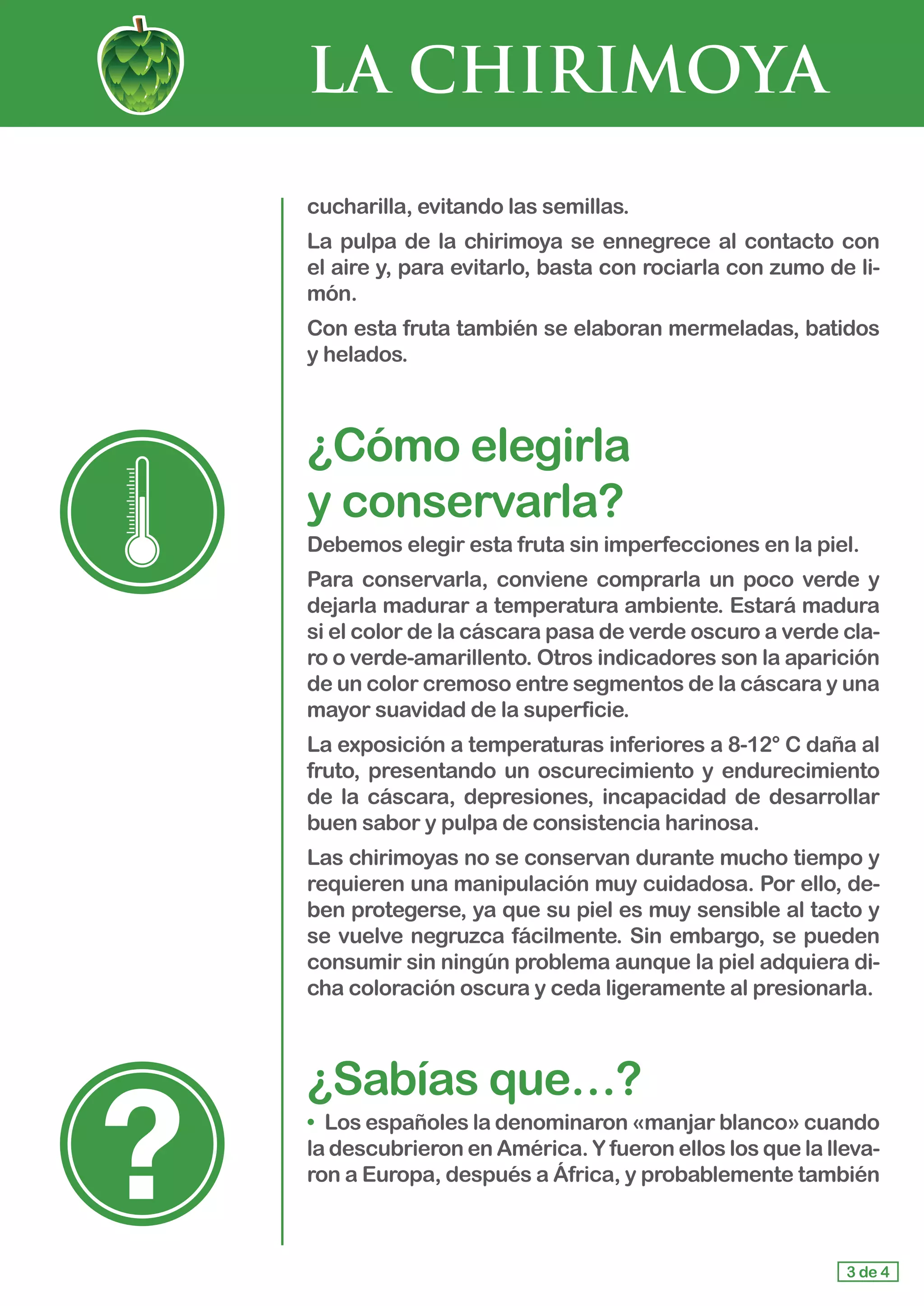 LA CHIRIMOYA
cucharilla, evitando las semillas.
La pulpa de la chirimoya se ennegrece al contacto con
el aire y, para evitarlo, basta con rociarla con zumo de li-
món.
Con esta fruta también se elaboran mermeladas, batidos
y helados.
¿Cómo elegirla 					
y conservarla?
Debemos elegir esta fruta sin imperfecciones en la piel.
Para conservarla, conviene comprarla un poco verde y
dejarla madurar a temperatura ambiente. Estará madura
si el color de la cáscara pasa de verde oscuro a verde cla-
ro o verde-amarillento. Otros indicadores son la aparición
de un color cremoso entre segmentos de la cáscara y una
mayor suavidad de la superficie.
La exposición a temperaturas inferiores a 8-12° C daña al
fruto, presentando un oscurecimiento y endurecimiento
de la cáscara, depresiones, incapacidad de desarrollar
buen sabor y pulpa de consistencia harinosa.
Las chirimoyas no se conservan durante mucho tiempo y
requieren una manipulación muy cuidadosa. Por ello, de-
ben protegerse, ya que su piel es muy sensible al tacto y
se vuelve negruzca fácilmente. Sin embargo, se pueden
consumir sin ningún problema aunque la piel adquiera di-
cha coloración oscura y ceda ligeramente al presionarla.
¿Sabías que…?
•	 Los españoles la denominaron «manjar blanco» cuando
la descubrieron en América. Y fueron ellos los que la lleva-
ron a Europa, después a África, y probablemente también
3 de 4
 