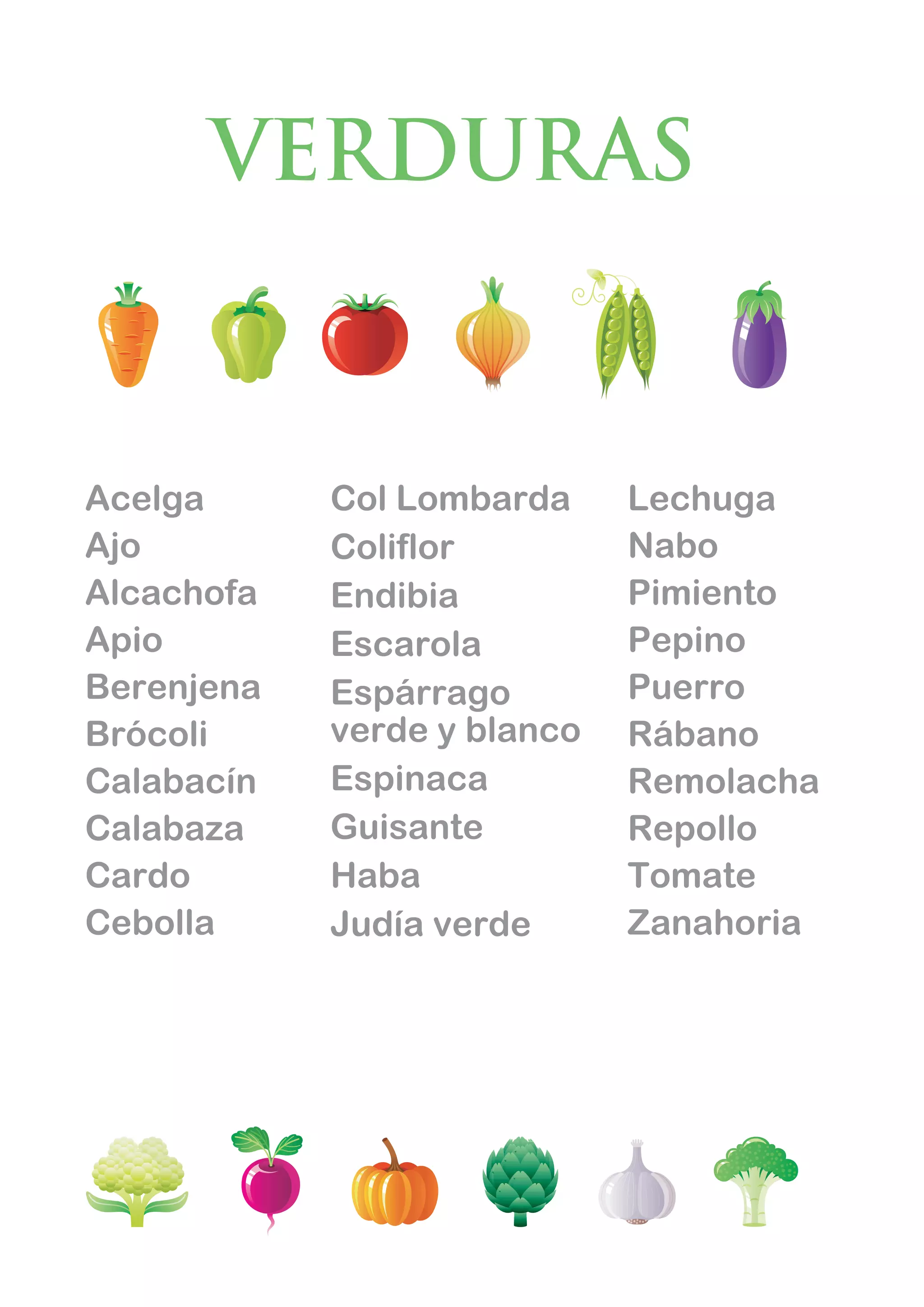 VERDURAS
Acelga
Ajo
Alcachofa
Apio
Berenjena
Brócoli
Calabacín
Calabaza
Cardo
Cebolla
Col Lombarda
Coliflor
Endibia
Escarola
Espárrago
verde y blanco
Espinaca
Guisante
Haba
Judía verde
Lechuga
Nabo
Pimiento
Pepino
Puerro
Rábano
Remolacha
Repollo
Tomate
Zanahoria
 