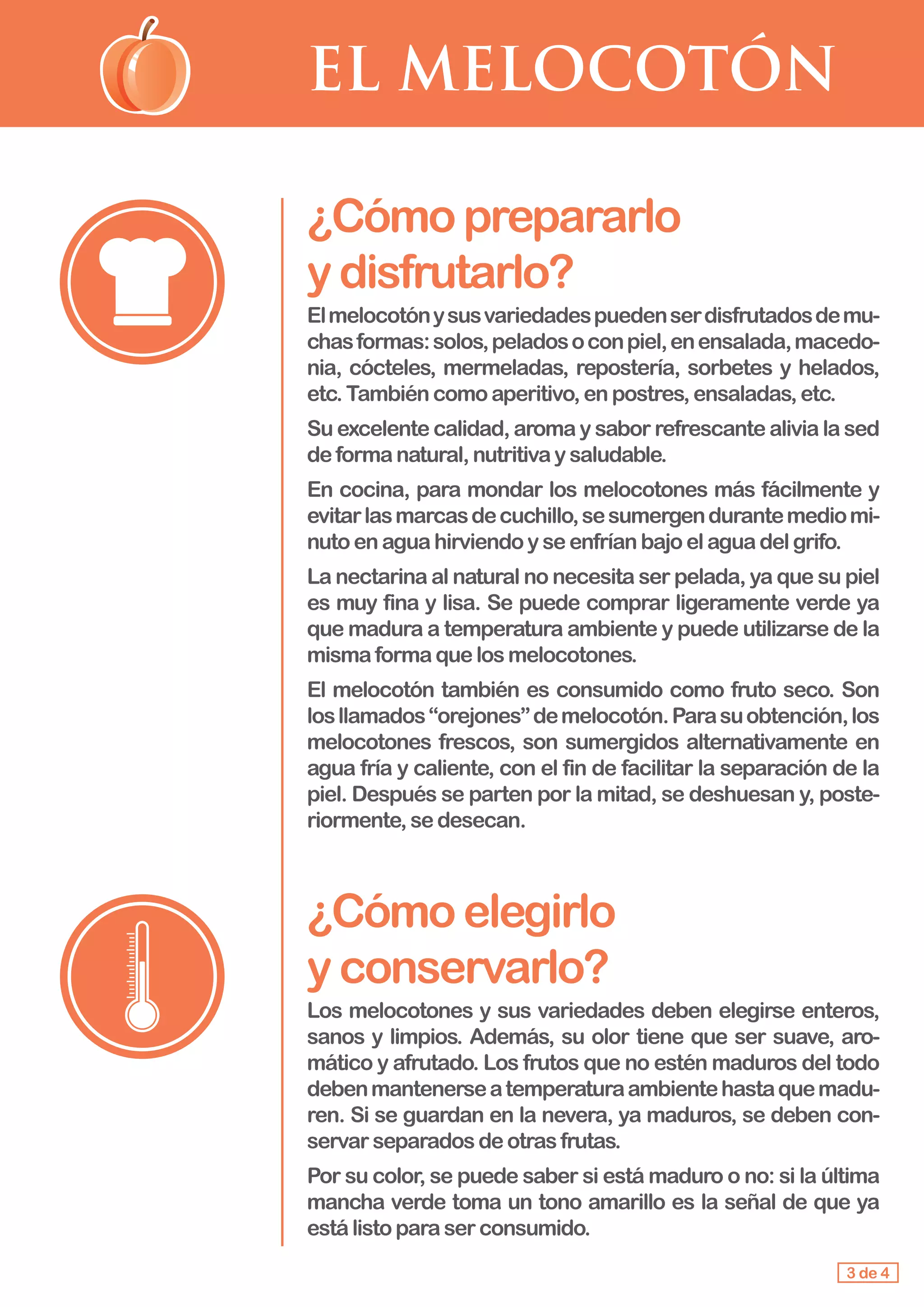 EL MELOCOTÓN
¿Cómoprepararlo				
ydisfrutarlo?
Elmelocotónysusvariedadespuedenserdisfrutadosdemu-
chasformas:solos,peladosoconpiel,enensalada,macedo-
nia, cócteles, mermeladas, repostería, sorbetes y helados,
etc.Tambiéncomoaperitivo,enpostres,ensaladas,etc.
Su excelente calidad, aroma y sabor refrescante alivia la sed
deformanatural,nutritivaysaludable.
En cocina, para mondar los melocotones más fácilmente y
evitarlasmarcasdecuchillo,sesumergendurantemediomi-
nuto en aguahirviendoyseenfríanbajoelaguadelgrifo.
La nectarina al natural no necesita ser pelada, ya que su piel
es muy fina y lisa. Se puede comprar ligeramente verde ya
que madura a temperatura ambiente y puede utilizarse de la
mismaformaquelosmelocotones.
El melocotón también es consumido como fruto seco. Son
losllamados“orejones”demelocotón.Parasuobtención,los
melocotones frescos, son sumergidos alternativamente en
agua fría y caliente, con el fin de facilitar la separación de la
piel. Después se parten por la mitad, se deshuesan y, poste-
riormente,sedesecan.
¿Cómoelegirlo					
yconservarlo?
Los melocotones y sus variedades deben elegirse enteros,
sanos y limpios. Además, su olor tiene que ser suave, aro-
mático y afrutado. Los frutos que no estén maduros del todo
debenmantenerseatemperaturaambientehastaquemadu-
ren. Si se guardan en la nevera, ya maduros, se deben con-
servarseparadosdeotrasfrutas.
Por su color, se puede saber si está maduro o no: si la última
mancha verde toma un tono amarillo es la señal de que ya
estálisto paraserconsumido.
3 de 4
 