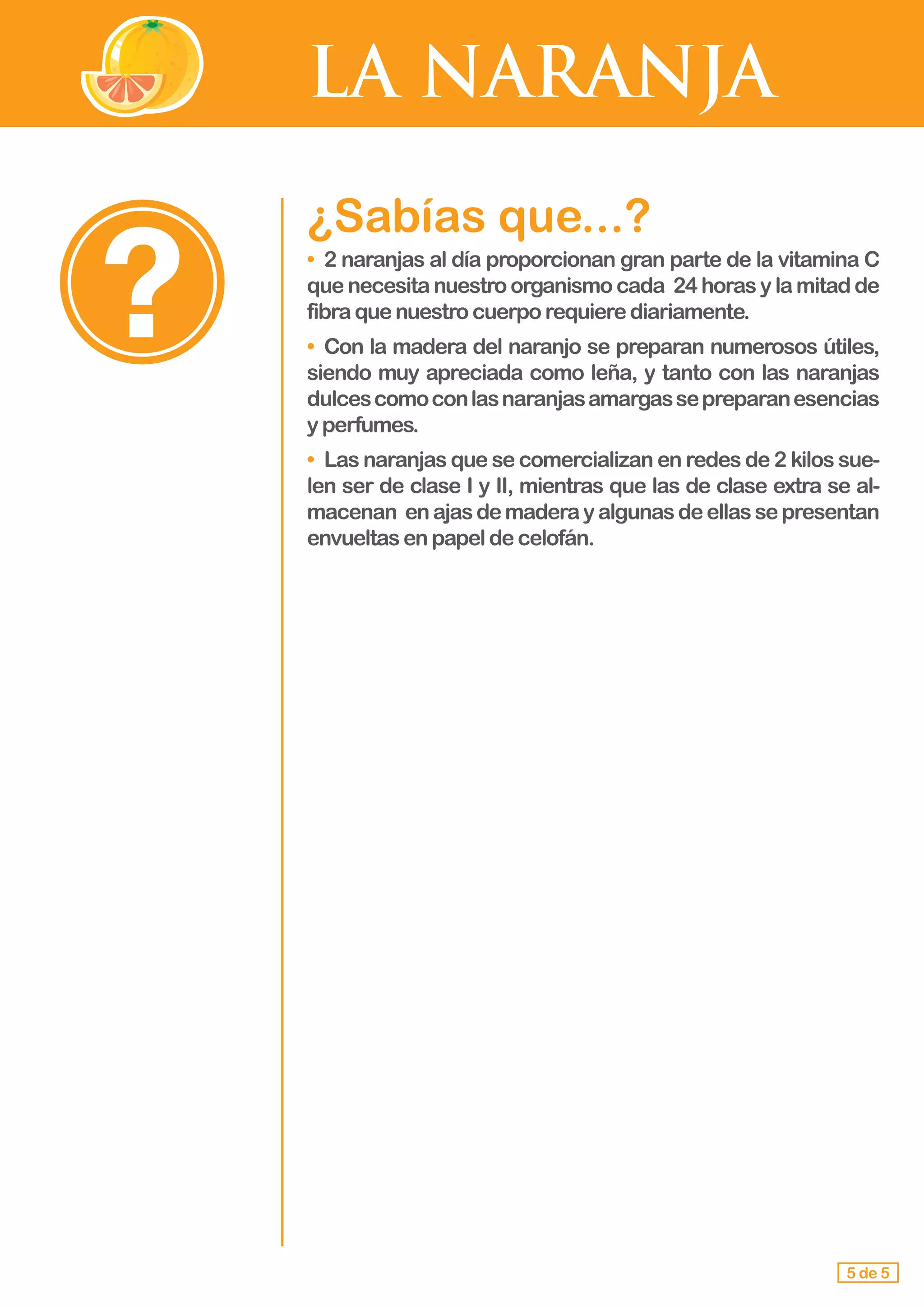 LA NARANJA
¿Sabías que...?
• 	2 naranjas al día proporcionan gran parte de la vitamina C
que necesita nuestro organismo cada 24 horas y la mitad de
fibraquenuestrocuerporequierediariamente.
• 	Con la madera del naranjo se preparan numerosos útiles,
siendo muy apreciada como leña, y tanto con las naranjas
dulcescomoconlasnaranjasamargassepreparanesencias
y perfumes.
• 	Las naranjas que se comercializan en redes de 2 kilos sue-
len ser de clase I y II, mientras que las de clase extra se al-
macenan enajasdemaderayalgunasdeellassepresentan
envueltasenpapeldecelofán.
5 de 5
 