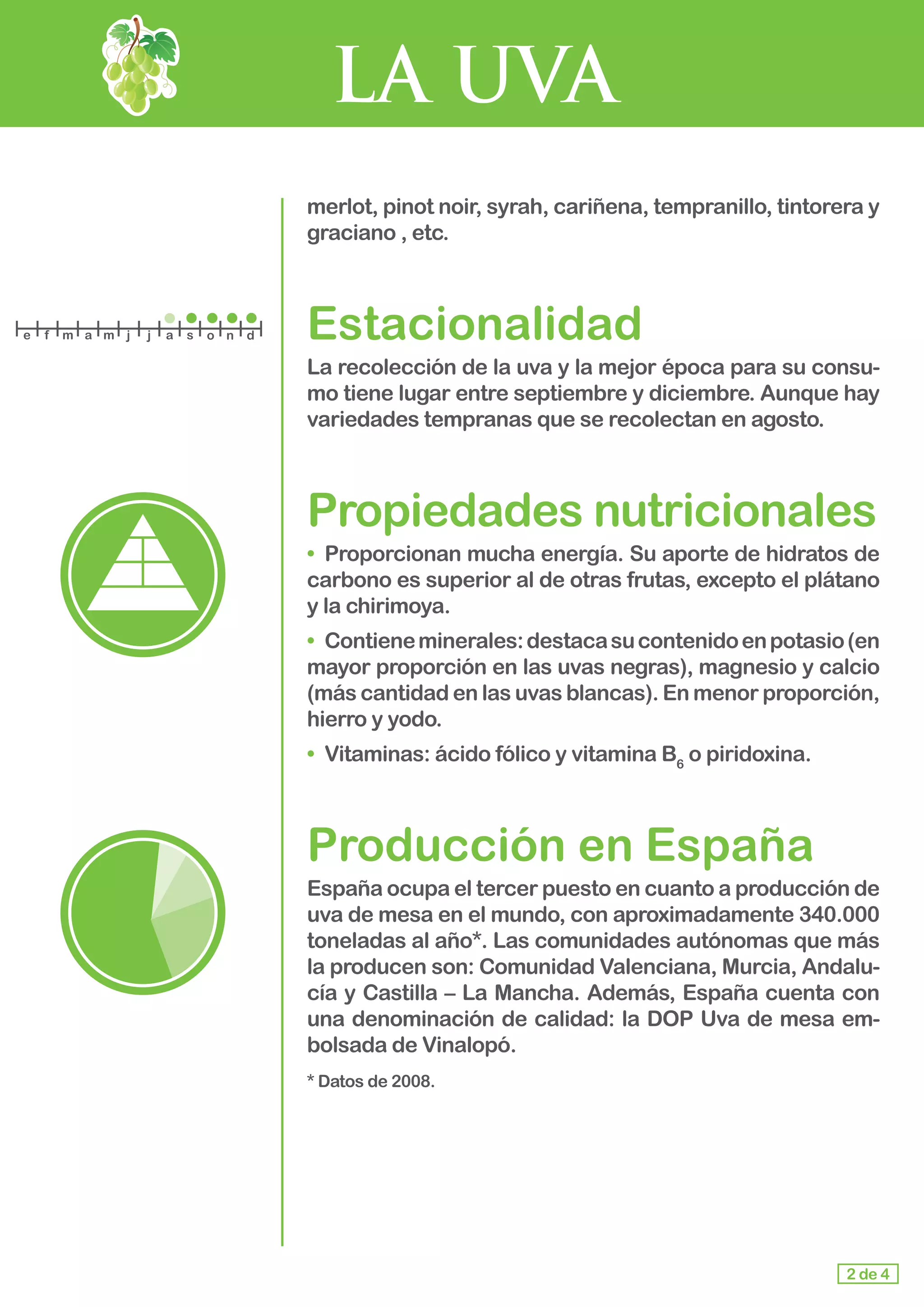 LA UVA
merlot, pinot noir, syrah, cariñena, tempranillo, tintorera y
graciano , etc.
Estacionalidad
La recolección de la uva y la mejor época para su consu-
mo tiene lugar entre septiembre y diciembre. Aunque hay
variedades tempranas que se recolectan en agosto.
Propiedades nutricionales
•	 Proporcionan mucha energía. Su aporte de hidratos de
carbono es superior al de otras frutas, excepto el plátano
y la chirimoya.
•	 Contieneminerales:destacasucontenidoenpotasio(en
mayor proporción en las uvas negras), magnesio y calcio
(más cantidad en las uvas blancas). En menor proporción,
hierro y yodo.
•	 Vitaminas: ácido fólico y vitamina B6
o piridoxina.
Producción en España
España ocupa el tercer puesto en cuanto a producción de
uva de mesa en el mundo, con aproximadamente 340.000
toneladas al año*. Las comunidades autónomas que más
la producen son: Comunidad Valenciana, Murcia, Andalu-
cía y Castilla – La Mancha. Además, España cuenta con
una denominación de calidad: la DOP Uva de mesa em-
bolsada de Vinalopó.
* Datos de 2008.
2 de 4
e f m a m j j a s o n d
 