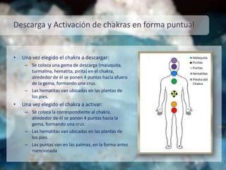 Descarga y Activación de chakras en forma puntual
• Una vez elegido el chakra a descargar:
– Se coloca una gema de descarga (malaquita,
turmalina, hematita, pirita) en el chakra,
alrededor de él se ponen 4 puntas hacia afuera
de la gema, formando una cruz.
– Las hematitas van ubicadas en las plantas de
los pies.
• Una vez elegido el chakra a activar:
– Se coloca la correspondiente al chakra,
alrededor de él se ponen 4 puntas hacia la
gema, formando una cruz.
– Las hematitas van ubicadas en las plantas de
los pies.
– Las puntas van en las palmas, en la forma antes
mencionada
 