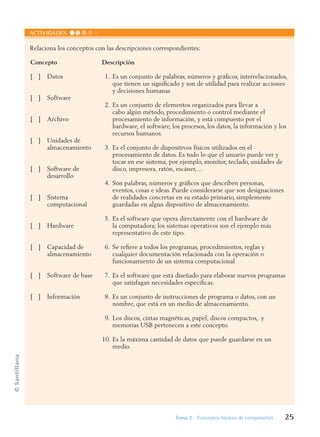 ©
Santillana
Tema 2 Conceptos básicos de computación 25
ACTIVIDADES
Concepto
[ ] Datos
[ ] Software
[ ] Archivo
[ ] Unidades de
almacenamiento
[ ] Software de
desarrollo
[ ] Sistema
computacional
[ ] Hardware
[ ] Capacidad de
almacenamiento
[ ] Software de base
[ ] Información
Descripción
1. Es un conjunto de palabras, números y gráficos, interrelacionados,
que tienen un significado y son de utilidad para realizar acciones
y decisiones humanas
2. Es un conjunto de elementos organizados para llevar a
cabo algún método, procedimiento o control mediante el
procesamiento de información, y está compuesto por el
hardware, el software, los procesos, los datos, la información y los
recursos humanos.
3. Es el conjunto de dispositivos físicos utilizados en el
procesamiento de datos. Es todo lo que el usuario puede ver y
tocar en ese sistema, por ejemplo, monitor, teclado, unidades de
disco, impresora, ratón, escáner,…
4. Son palabras, números y gráficos que describen personas,
eventos, cosas e ideas. Puede considerarse que son designaciones
de realidades concretas en su estado primario, simplemente
guardadas en algún dispositivo de almacenamiento.
5. Es el software que opera directamente con el hardware de
la computadora; los sistemas operativos son el ejemplo más
representativo de este tipo.
6. Se refiere a todos los programas, procedimientos, reglas y
cualquier documentación relacionada con la operación o
funcionamiento de un sistema computacional
7. Es el software que está diseñado para elaborar nuevos programas
que satisfagan necesidades específicas.
8. Es un conjunto de instrucciones de programa o datos, con un
nombre, que está en un medio de almacenamiento.
9. Los discos, cintas magnéticas, papel, discos compactos, y
memorias USB pertenecen a este concepto.
10. Es la máxima cantidad de datos que puede guardarse en un
medio.
Relaciona los conceptos con las descripciones correspondientes:
Informatica U-1.indd 25
Informatica U-1.indd 25 1/8/08 7:51:07 PM
1/8/08 7:51:07 PM
 