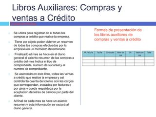 Libros Auxiliares: Compras y
ventas a Crédito
 Se utiliza para registrar en el todas las
compras a crédito que realice la empresa.
 Tiene por objeto poder obtener un resumen
de todas las compras efectuadas por la
empresa en un momento determinado.
 Finalizado el mes se hace en el diario
general el asiento resumen de las compras a
crédito del mes Indica el tipo de
comprobante, numero de sucursal y el
numero de comprobante.
 Se asentarán en este libro, todas las ventas
a crédito que realice la empresa y así
controlar la cuenta del cliente con los cargos
que correspondan, avaladas por facturas o
por giros y queda respaldada por la
aceptación de letras de cambio por parte del
cliente.
 Al final de cada mes se hace un asiento
resumen y esta información se vaciará al
diario general.
Características
Formas de presentación de
los libros auxiliares de
compras y ventas a crédito
 