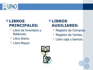  LIBROS                    LIBROS
  PRINCIPALES:               AUXILIARES:
  Libro de Inventario y     Registro de Compras.
   Balances.                 Registro de Ventas.
  Libro Diario.             Libro caja y bancos.
  Libro Mayor.
 