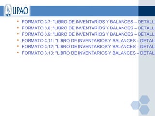   FORMATO 3.7: "LIBRO DE INVENTARIOS Y BALANCES – DETALLE
   FORMATO 3.8: "LIBRO DE INVENTARIOS Y BALANCES – DETALLE
   FORMATO 3.9: "LIBRO DE INVENTARIOS Y BALANCES – DETALLE
   FORMATO 3.11: "LIBRO DE INVENTARIOS Y BALANCES – DETALL
   FORMATO 3.12: "LIBRO DE INVENTARIOS Y BALANCES – DETALL
   FORMATO 3.13: "LIBRO DE INVENTARIOS Y BALANCES – DETALL
 