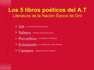 Los 5 libros poéticos del A.T Literatura de la Nación Época de Oro Job Salmos Proverbios Eclesiastés Cantares El Problema del Sufrimiento Hinnario Nacional de Israel La Vanidad de la Vida Terrestre La Sabiduría de Salomón  Elogio del Amor Conyugal 