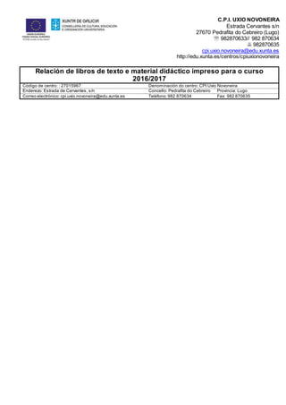 C.P.I. UXÍO NOVONEIRA
Estrada Cervantes s/n
27670 Pedrafita do Cebreiro (Lugo)
 982870633// 982 870634
 982870635
cpi.uxio.novoneira@edu.xunta.es
http://edu.xunta.es/centros/cpiuxionovoneira
Relación de libros de texto e material didáctico impreso para o curso
2016/2017
Código de centro: : 27015967 Denominación do centro: CPI Uxío Novoneira
Enderezo: Estrada de Cervantes, s/n Concello: Pedrafita do Cebreiro Provincia: Lugo
Correo electrónico:cpi.uxio.novoneira@edu.xunta.es Teléfono:982 870634 Fax: 982 870635
 