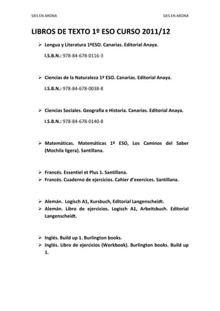 SIES EN ARONA                                                 SIES EN ARONA



LIBROS DE TEXTO 1º ESO CURSO 2011/12
    Lengua y Literatura 1ºESO. Canarias. Editorial Anaya.

      I.S.B.N.: 978-84-678-0116-3



    Ciencias de la Naturaleza 1º ESO. Canarias. Editorial Anaya.

      I.S.B.N.: 978-84-678-0038-8



    Ciencias Sociales. Geografía e Historia. Canarias. Editorial Anaya.

      I.S.B.N.: 978-84-678-0140-8



    Matemáticas. Matemáticas 1º ESO, Los Caminos del Saber
     (Mochila ligera). Santillana.



    Francés. Essentiel et Plus 1. Santillana.
    Francés. Cuaderno de ejercicios. Cahier d’exercices. Santillana.



    Alemán. Logisch A1, Kursbuch, Editorial Langenscheidt.
    Alemán. Libro de ejercicios. Logisch A1, Arbeitsbuch. Editorial
     Langenscheidt.



    Inglés. Build up 1. Burlington books.
    Inglés. Libro de ejercicios (Workbook). Burlington books. Build up
     1.
 