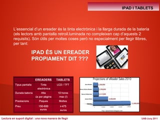 L’essencial d’un ereader és la tinta electrònica i la llarga durada de la batería 
(els lectors amb pantalla retroil.luminada no compleixen cap d’aquests 2 
requisits). Són útils per moltes coses però no especialment per llegir llibres, 
per tant: 
IPAD ÉS UN EREADER 
PROPIAMENT DIT ??? 
IPAD I TABLETS 
Lectura en suport digital : una nova manera de llegir UAB-Juny 2011 
 