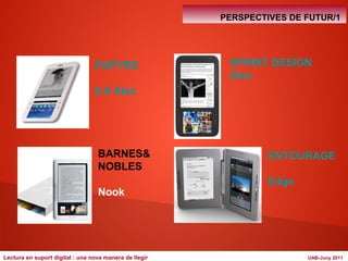 PAPYRE 
6.S Alex 
BARNES& 
NOBLES 
Nook 
PERSPECTIVES DE FUTUR/1 
SPRINT DESIGN 
Alex 
ENTOURAGE 
Edge 
Lectura en suport digital : una nova manera de llegir UAB-Juny 2011 
 