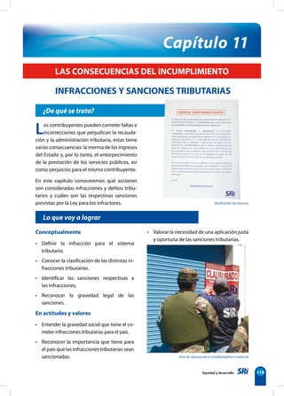 Acto de clausura de un establecimiento comercial
Conceptualmente
• Definir la infracción para el sistema
tributario.
• Conocer la clasificación de las distintas in-
fracciones tributarias.
• Identificar las sanciones respectivas a
las infracciones.
• Reconocer la gravedad legal de las
sanciones.
En actitudes y valores
• Entender la gravedad social que tiene el co-
meter infracciones tributarias para el país.
• Reconocer la importancia que tiene para
el país que las infracciones tributarias sean
sancionadas.
• Valorar la necesidad de una aplicación justa
y oportuna de las sanciones tributarias.
Equidad y desarrollo 119
Capítulo 11
¿De qué se trata?
Lo que voy a lograr
LAS CONSECUENCIAS DEL INCUMPLIMIENTO
INFRACCIONES Y SANCIONES TRIBUTARIAS
Los contribuyentes pueden cometer faltas e
incorrecciones que perjudican la recauda-
ción y la administración tributaria, estas tiene
varias consecuencias: la merma de los ingresos
del Estado y, por lo tanto, el entorpecimiento
de la prestación de los servicios públicos, así
como perjuicios para el mismo contribuyente.
En este capítulo conoceremos qué acciones
son consideradas infracciones y delitos tribu-
tarios y cuáles son las respectivas sanciones
previstas por la Ley para los infractores. Notificación de clausura
 