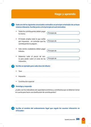Equidad y desarrollo 33
Principio de
Hago y aprendo
1 Cada uno de los siguientes enunciados contradice un principio orientador de un buen
sistema tributario. Escribe junto a él el principio al cual contradice:
• Todos los contribuyentes deben pagar
lo mismo.
• El Estado emplea todo lo que recibe
por impuestos en controlar que los
contribuyentes lo paguen.
• Solo ciertos ciudadanos deben pagar
tributos.
• Debemos subir el precio de ven-
ta para poder cubrir el costo de los
impuestos.
2 Escribe un ejemplo para cada clase de tributo:
• Tasa:
• Impuesto:
• Contribución especial:
3 Investiga y responde:
¿Cuáles son los indicadores de capacidad económica y contributiva que se deberían tomar
en cuenta para hacer una clasificación de contribuyentes?
4 Escribe el nombre del ordenamiento legal que regula los asuntos tributarios en
el Ecuador:
Principio de
Principio de
Principio de
 