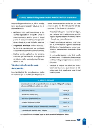 Equidad y desarrollo 61
Estados del contribuyente ante la administración tributaria
Los contribuyentes inscritos en el RUC, pueden
tener con la administración tributaria los si-
guientes estados:
• Activo: es todo contribuyente que se en-
cuentra registrado en el Registro Único de
Contribuyentes y, por lo tanto, es sujeto
pasivo de obligaciones tributarias por estar
desarrollando alguna actividad económica.
• Suspensión definitiva: término aplicado a
las personas naturales que han terminado
sus actividades económicas temporalmente.
• Pasivo: término aplicado a las personas
naturales que han fallecido, extranjeros no
rersidentes y a las sociedades que han can-
celado su RUC.
Trámites realizados por terceros:
sí son posibles
Para facilidad de los contribuyentes, todos
los trámites que se realizan en el Servicio de
Rentas Internas pueden ser hechos por otras
personas, para ello deberán adjuntar a la do-
cumentación los siguientes requisitos:
• Para el contribuyente residente en el país,
una carta de autorización simple o poder
especial o general debidamente legalizado
y firmado por el contribuyente.
• Para el contribuyente residente en el exte-
rior, el poder especial o general deberá ser
debidamente legalizado por el cónsul ecua-
toriano o apostillado en el exterior o en el
Ecuador.
• Se entregará una copia a color de la cédula
de identidad o ciudadanía o pasaporte del
contribuyente y de la persona que realizará
el trámite.
• Presentar el original del certificado de vo-
tación, de la persona que realizará el trá-
mite y copia de la papeleta de votación del
contribuyente.
LO QUE CUESTA EL DESCUIDO
· No inscribirse en el RUC.
· No actualizar los datos del RUC.
· No cancelar oportunamente el RUC.
· Ocultar la existencia de sucursales.
· Utilizar el número de inscripción concedido a otro contribuyente.
· Seguir utilizando un número de RUC cancelado.
USD 30,00
USD 30,00
USD 30,00
USD 62,50
USD 62,50
USD 62,50
SonsancionablesconmultalassiguientesinfraccionesconrespectoalRUC,paraPNnoobligadas
a llevar contabilidad y sociedades sin fines de lucro.
Para mayor información visita: www.sri.gob.ec,secciónDeclaracióndeImpuestos/Multas.
 