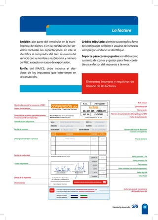 Equidad y desarrollo 69
La factura
Emisión: por parte del vendedor en la trans-
ferencia de bienes o en la prestación de ser-
vicios, incluidas las exportaciones; en ella se
identifica al comprador del bien o usuario del
servicioconsunombreorazónsocialynúmero
de RUC, excepto en casos de exportación.
Tarifa: del IVA/ICE, debe incluirse el des-
glose de los impuestos que intervienen en
la transacción.
Crédito tributario: permite sustentarlo a favor
del comprador del bien o usuario del servicio,
siempre y cuando se lo identifique.
Soporte para costos y gastos: es válida como
sustento de costos y gastos para fines conta-
bles y a efectos del impuesto a la renta.
Elementos impresos y requisitos de
llenado de las facturas.
 