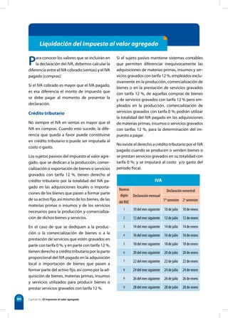 84 
Liquidación del impuesto al valor agregado 
Para conocer los valores que se incluirán en 
la declaración del IVA, debemos calcular la 
diferencia entre el IVA cobrado (ventas) y el IVA 
pagado (compras). 
Si el IVA cobrado es mayor que el IVA pagado, 
es esa diferencia el monto de impuesto que 
se debe pagar al momento de presentar la 
declaración. 
Crédito tributario 
No siempre el IVA en ventas es mayor que el 
IVA en compras. Cuando esto sucede, la dife-rencia 
que queda a favor puede constituirse 
en crédito tributario o puede ser imputada al 
costo o gasto. 
Los sujetos pasivos del impuesto al valor agre-gado, 
que se dedican a la producción, comer-cialización 
o exportación de bienes o servicios 
gravados con tarifa 12 %, tienen derecho al 
crédito tributario por la totalidad del IVA pa-gado 
en las adquisiciones locales o importa-ciones 
de los bienes que pasen a formar parte 
de su activo fijo, así mismo de los bienes, de las 
materias primas o insumos y de los servicios 
necesarios para la producción y comercializa-ción 
de dichos bienes y servicios. 
En el caso de que se dediquen a la produc-ción 
o la comercialización de bienes o a la 
prestación de servicios que estén gravados en 
parte con tarifa 0 %, y en parte con tarifa 12 %, 
tienen derecho a crédito tributario por la parte 
proporcional del IVA pagado en la adquisición 
local o importación de bienes que pasen a 
formar parte del activo fijo, así como por la ad-quisición 
de bienes, materias primas, insumos 
y servicios utilizados para producir bienes o 
prestar servicios gravados con tarifa 12 %. 
Si el sujeto pasivo mantiene sistemas contables 
que permiten diferenciar inequívocamente las 
adquisiciones de materias primas, insumos y ser-vicios 
gravados con tarifa 12 %, empleados exclu-sivamente 
en la producción, comercialización de 
bienes o en la prestación de servicios gravados 
con tarifa 12 %, de aquellas compras de bienes 
y de servicios gravados con tarifa 12 % pero em-pleados 
en la producción, comercialización de 
servicios gravados con tarifa 0 %; podrán utilizar 
la totalidad del IVA pagado en las adquisiciones 
de materias primas, insumos o servicios gravados 
con tarifas 12 %, para la determinación del im-puesto 
a pagar. 
No existe el derecho a crédito tributario por el IVA 
pagado cuando se producen o venden bienes o 
se prestan servicios gravados en su totalidad con 
tarifa 0 %; y se imputará al costo y/o gasto del 
período fiscal. 
IVA 
Noveno 
dígito 
del RUC 
Declaración mensual 
Declaración semestral 
1er semestre 2o semestre 
1 10 del mes siguiente 10 de julio 10 de enero 
2 12 del mes siguiente 12 de julio 12 de enero 
3 14 del mes siguiente 14 de julio 14 de enero 
4 16 del mes siguiente 16 de julio 16 de enero 
5 18 del mes siguiente 18 de julio 18 de enero 
6 20 del mes siguiente 20 de julio 20 de enero 
7 22 del mes siguiente 22 de julio 22 de enero 
8 24 del mes siguiente 24 de julio 24 de enero 
9 26 del mes siguiente 26 de julio 26 de enero 
0 28 del mes siguiente 28 de julio 28 de enero 
Capítulo 8 • El impuesto al valor agregado 
 