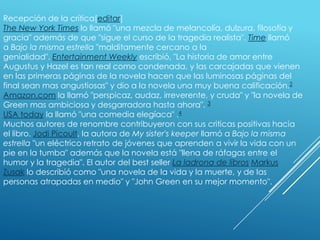 Recepción de la crítica[editar]
The New York Times lo llamó "una mezcla de melancolía, dulzura, filosofía y
gracia" además de que "sigue el curso de la tragedia realista". Time llamó
a Bajo la misma estrella "malditamente cercano a la
genialidad". Entertainment Weekly escribió, "La historia de amor entre
Augustus y Hazel es tan real como condenada, y las carcajadas que vienen
en las primeras páginas de la novela hacen que las luminosas páginas del
final sean mas angustiosas" y dio a la novela una muy buena calificación.2
Amazon.com la llamó "perspicaz, audaz, irreverente, y cruda" y "la novela de
Green mas ambiciosa y desgarradora hasta ahora". 3
USA today la llamó "una comedia elegíaca" .4
Muchos autores de renombre contribuyeron con sus criticas positivas hacia
el libro. Jodi Picoult, la autora de My sister's keeper llamó a Bajo la misma
estrella "un eléctrico retrato de jóvenes que aprenden a vivir la vida con un
pie en la tumba" además que la novela está "llena de ráfagas entre el
humor y la tragedia". El autor del best seller La ladrona de libros Markus
Zusak lo describió como "una novela de la vida y la muerte, y de las
personas atrapadas en medio" y "John Green en su mejor momento".

 