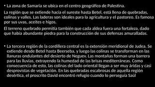 • La zona de Samaria se ubica en el centro geográfico de Palestina.
La región que se extiende hacia el sureste hasta Betel, está llena de quebradas,
colinas y valles. Las laderas son ideales para la agricultura y el pastoreo. Es famosa
por sus uvas, aceites e higos.
El terreno quebrado permitía también que cada aldea fuera una fortaleza, dado
que había abundante piedra para la construcción de sus defensas amuralladas.
• La tercera región de la cordillera central es la extensión meridional de Judea. Se
extiende desde Betel hasta Beerseba, y luego las colinas se transforman en las
llanuras ondulantes del desierto de Neguev. Las montañas forman una barrera
para las lluvias, extrayendo la humedad de las brisas mediterráneas. Como
consecuencia de esto, las colinas del lado oriental llegan a ser muy áridas y casi
desprovistas de vegetación. En las quebradas escabrosas de aquella región
desértica, el proscrito David encontró refugio cuando lo perseguía Saúl
 