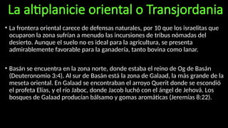 La altiplanicie oriental o Transjordania
• La frontera oriental carece de defensas naturales, por 10 que los israelitas que
ocuparon la zona sufrían a menudo las incursiones de tribus nómadas del
desierto. Aunque el suelo no es ideal para la agricultura, se presenta
admirablemente favorable para la ganadería, tanto bovina como lanar.
• Basán se encuentra en la zona norte, donde estaba el reino de Og de Basán
(Deuteronomio 3:4). Al sur de Basán está la zona de Galaad, la más grande de la
meseta oriental. En Galaad se encontraban el arroyo Querit donde se escondió
el profeta Elías, y el río Jaboc, donde Jacob luchó con el ángel de Jehová. Los
bosques de Galaad producían bálsamo y gomas aromáticas (Jeremías 8:22).
 