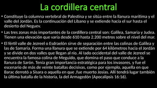 La cordillera central
• Constituye la columna vertebral de Palestina y se sitúa entre la llanura marítima y el
valle del Jordán. Es la continuación del Líbano y se extiende hacia el sur hasta el
desierto del Neguev.
• Las tres zonas más importantes de la cordillera central son: Galílea, Samaria y Judea.
Tienen una elevación que varía desde 610 hasta 2.200 metros sobre el nivel del mar.
• El fértil valle de Jezreel o Esdraelón sirve de separación entre las colinas de Galílea y
las de Samaria. Forma una llanura que se extiende por 64 kilómetros hacia el Jordán
y se divide en dos valles que llegan al río. Al Iado occidental del valle de Jezreel se
encuentra la famosa colina de Meguido, que domina el paso que conduce a la
llanura de Sarón. Tenía gran importancia estratégica para los invasores, y fue el
escenario de más de veinte batallas decisivas, como por ejemplo, aquella en que
Barac derrotó a Sísara o aquella en que ,fue muerto Josías. Allí tendrá lugar también
la última batalla de la historia, la del Armagedón (Apocalipsis 16:16).
 