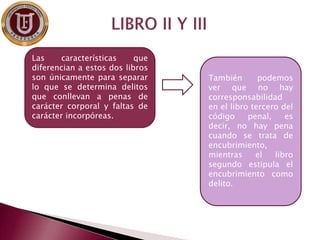 Las características que
diferencian a estos dos libros
son únicamente para separar
lo que se determina delitos
que conllevan a penas de
carácter corporal y faltas de
carácter incorpóreas.
También podemos
ver que no hay
corresponsabilidad
en el libro tercero del
código penal, es
decir, no hay pena
cuando se trata de
encubrimiento,
mientras el libro
segundo estipula el
encubrimiento como
delito.
 