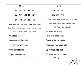 N n
na no nu ni ne
NA NO NU NI NE
an on un in en
Ana una ene ine uno nena rana pino
tina luna mano nata nota mano mina
mona mono lana lino malo
Ana toca el piano
Natalia sale al monte
La nena mira la luna
Nora toma notas
El pino tiene nidos
C c
ca co cu
CA CO CU
Carlos casa cuna coco pico rico poco
roca toca saco toco perico cara
col Paco con cocada
La nena come pan
Paco está en la casa
Carlos le dio un carrito
El saco de mamá es rojo
La comida está rica
El perico está en la roca
V v
 