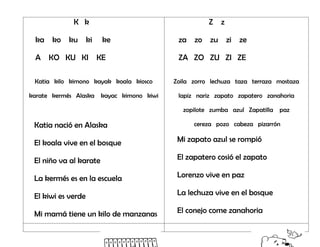 K k
ka ko ku ki ke
A KO KU KI KE
Katia kilo kimono kayak koala kiosco
karate kermés Alaska kayac kimono kiwi
Katia nació en Alaska
El koala vive en el bosque
El niño va al karate
La kermés es en la escuela
El kiwi es verde
Mi mamá tiene un kilo de manzanas
Z z
za zo zu zi ze
ZA ZO ZU ZI ZE
Zoila zorro lechuza taza terraza mostaza
lapiz nariz zapato zapatero zanahoria
zopilote zumba azul Zapatilla paz
cereza pozo cabeza pizarrón
Mi zapato azul se rompió
El zapatero cosió el zapato
Lorenzo vive en paz
La lechuza vive en el bosque
El conejo come zanahoria
 