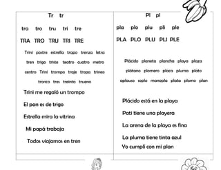 Tr tr
tra tro tru tri tre
TRA TRO TRU TRI TRE
Trini postre estrella trapo trenza letra
tren trigo triste teatro cuatro metro
centro Trini trompo traje tropa trineo
tronco tres treinta trueno
Trini me regaló un trompo
El pan es de trigo
Estrella mira la vitrina
Mi papá trabaja
Todos viajamos en tren
Pl pl
pla plo plu pli ple
PLA PLO PLU PLI PLE
Plácido planeta plancha playa plaza
plátano plomero placa pluma plato
aplauso soplo manopla plata plomo plan
Plácido está en la playa
Pati tiene una playera
La arena de la playa es fina
La pluma tiene tinta azul
Yo cumplí con mi plan
 
