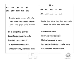 gra gro gru gri gre
GRA GRO GRU GRI GRE
Engracia gracias grueso grilllo alegre
grúa granja tigre granizo lágrima
grano agrio grupo gruta Graciela
En la granja hay gallinas
Los grillos cantan en la noche
Los niños juegan alegres
El granizo es blanco y frio
En la granja hay granos de maíz
Cl cl
cla clo clu cli cle
CLA CLO CLU CLI CLE
Claudia clavo clima club clóset cloro tecla
eclipse clip chicle ancla clara clase
Clara vende clavos
El clima es muy caluroso
El cloro blanquea la ropa
La maestra llevó clips para las hojas
Claudia fue a pasear al club
 