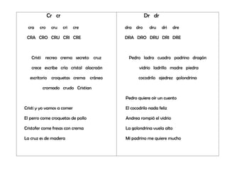 Cr cr
cra cro cru cri cre
CRA CRO CRU CRI CRE
Cristi recreo crema secreto cruz
crece escribe cría cristal alacraán
escritorio croquetas crema cráneo
cromado crudo Cristian
Cristi y yo vamos a comer
El perro come croquetas de pollo
Cristofer come fresas con crema
La cruz es de madera
Dr dr
dra dro dru dri dre
DRA DRO DRU DRI DRE
Pedro ladra cuadro padrino dragón
vidrio ladrillo madre piedra
cocodrilo ajedrez golondrina
Pedro quiere oír un cuento
El cocodrilo nada feliz
Andrea rompió el vidrio
La golondrina vuela alto
Mi padrino me quiere mucho
 