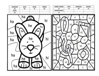 MORADO AZUL ROSA VERDE
ha he hi ho
ROJO
hu
VERDE LIMÓN AZUL MORADO NEGRO
va vo VE ve
ANARANJADO
vu
 