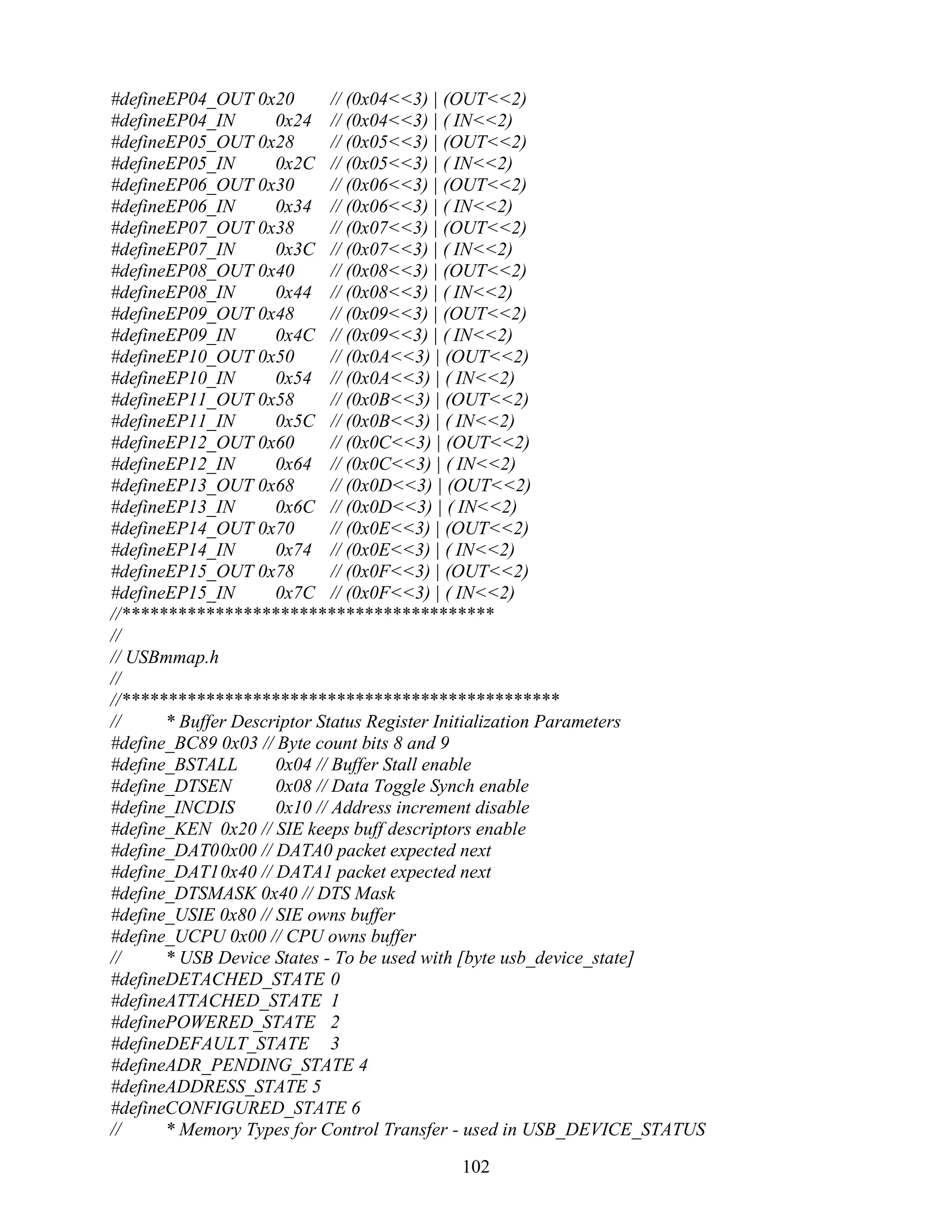 #defineEP04_OUT 0x20         // (0x04<<3) | (OUT<<2)
#defineEP04_IN       0x24 // (0x04<<3) | ( IN<<2)
#defineEP05_OUT 0x28         // (0x05<<3) | (OUT<<2)
#defineEP05_IN       0x2C // (0x05<<3) | ( IN<<2)
#defineEP06_OUT 0x30         // (0x06<<3) | (OUT<<2)
#defineEP06_IN       0x34 // (0x06<<3) | ( IN<<2)
#defineEP07_OUT 0x38         // (0x07<<3) | (OUT<<2)
#defineEP07_IN       0x3C // (0x07<<3) | ( IN<<2)
#defineEP08_OUT 0x40         // (0x08<<3) | (OUT<<2)
#defineEP08_IN       0x44 // (0x08<<3) | ( IN<<2)
#defineEP09_OUT 0x48         // (0x09<<3) | (OUT<<2)
#defineEP09_IN       0x4C // (0x09<<3) | ( IN<<2)
#defineEP10_OUT 0x50         // (0x0A<<3) | (OUT<<2)
#defineEP10_IN       0x54 // (0x0A<<3) | ( IN<<2)
#defineEP11_OUT 0x58         // (0x0B<<3) | (OUT<<2)
#defineEP11_IN       0x5C // (0x0B<<3) | ( IN<<2)
#defineEP12_OUT 0x60         // (0x0C<<3) | (OUT<<2)
#defineEP12_IN       0x64 // (0x0C<<3) | ( IN<<2)
#defineEP13_OUT 0x68         // (0x0D<<3) | (OUT<<2)
#defineEP13_IN       0x6C // (0x0D<<3) | ( IN<<2)
#defineEP14_OUT 0x70         // (0x0E<<3) | (OUT<<2)
#defineEP14_IN       0x74 // (0x0E<<3) | ( IN<<2)
#defineEP15_OUT 0x78         // (0x0F<<3) | (OUT<<2)
#defineEP15_IN       0x7C // (0x0F<<3) | ( IN<<2)
//****************************************
//
// USBmmap.h
//
//***********************************************
//     * Buffer Descriptor Status Register Initialization Parameters
#define_BC89 0x03 // Byte count bits 8 and 9
#define_BSTALL       0x04 // Buffer Stall enable
#define_DTSEN        0x08 // Data Toggle Synch enable
#define_INCDIS       0x10 // Address increment disable
#define_KEN 0x20 // SIE keeps buff descriptors enable
#define_DAT0 0x00 // DATA0 packet expected next
#define_DAT1 0x40 // DATA1 packet expected next
#define_DTSMASK 0x40 // DTS Mask
#define_USIE 0x80 // SIE owns buffer
#define_UCPU 0x00 // CPU owns buffer
//     * USB Device States - To be used with [byte usb_device_state]
#defineDETACHED_STATE 0
#defineATTACHED_STATE 1
#definePOWERED_STATE 2
#defineDEFAULT_STATE 3
#defineADR_PENDING_STATE 4
#defineADDRESS_STATE 5
#defineCONFIGURED_STATE 6
//     * Memory Types for Control Transfer - used in USB_DEVICE_STATUS

                                         102
 