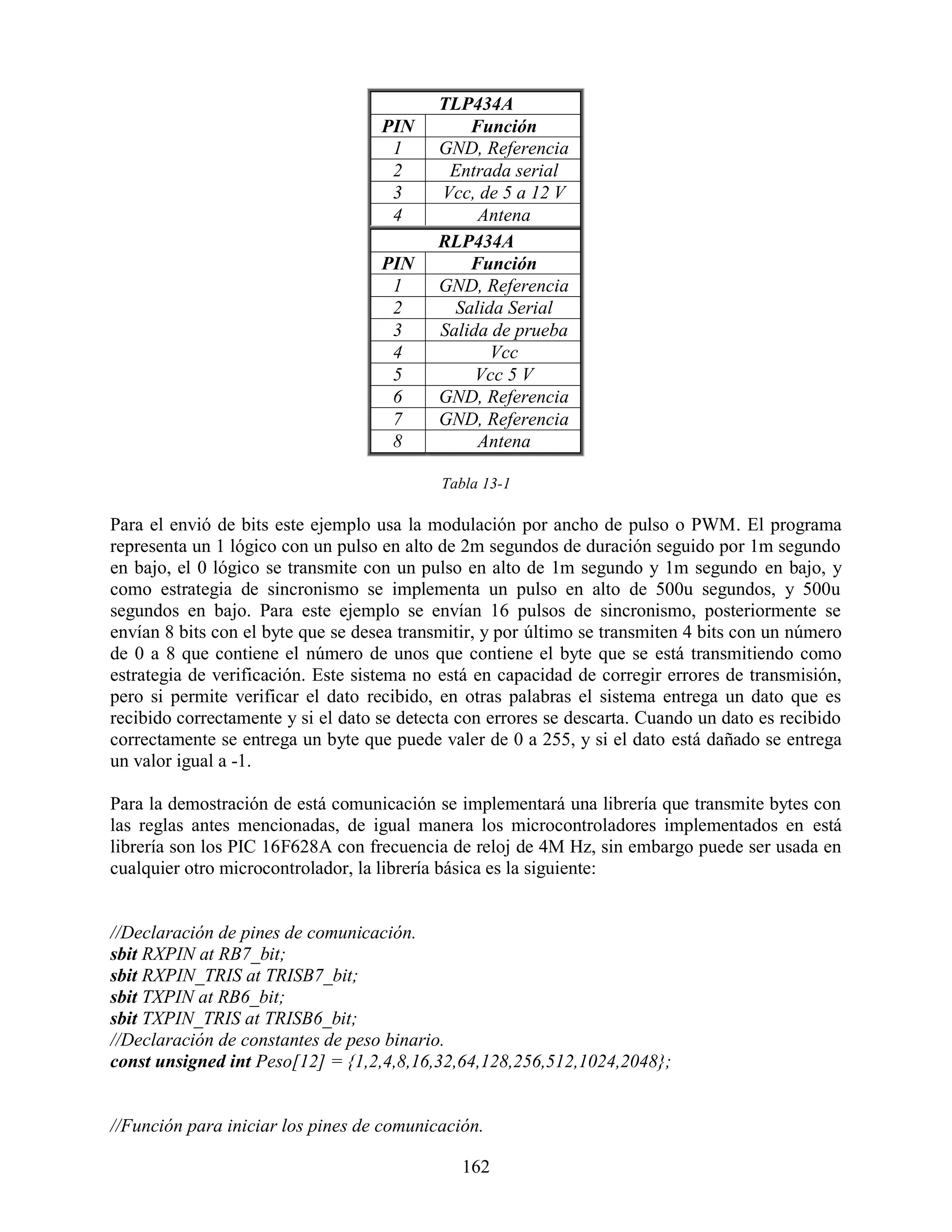 TLP434A
                                    PIN        Función
                                     1     GND, Referencia
                                     2      Entrada serial
                                     3     Vcc, de 5 a 12 V
                                     4          Antena
                                           RLP434A
                                    PIN        Función
                                     1     GND, Referencia
                                     2       Salida Serial
                                     3     Salida de prueba
                                     4            Vcc
                                     5          Vcc 5 V
                                     6     GND, Referencia
                                     7     GND, Referencia
                                     8          Antena

                                            Tabla 13-1

Para el envió de bits este ejemplo usa la modulación por ancho de pulso o PWM. El programa
representa un 1 lógico con un pulso en alto de 2m segundos de duración seguido por 1m segundo
en bajo, el 0 lógico se transmite con un pulso en alto de 1m segundo y 1m segundo en bajo, y
como estrategia de sincronismo se implementa un pulso en alto de 500u segundos, y 500u
segundos en bajo. Para este ejemplo se envían 16 pulsos de sincronismo, posteriormente se
envían 8 bits con el byte que se desea transmitir, y por último se transmiten 4 bits con un número
de 0 a 8 que contiene el número de unos que contiene el byte que se está transmitiendo como
estrategia de verificación. Este sistema no está en capacidad de corregir errores de transmisión,
pero si permite verificar el dato recibido, en otras palabras el sistema entrega un dato que es
recibido correctamente y si el dato se detecta con errores se descarta. Cuando un dato es recibido
correctamente se entrega un byte que puede valer de 0 a 255, y si el dato está dañado se entrega
un valor igual a -1.

Para la demostración de está comunicación se implementará una librería que transmite bytes con
las reglas antes mencionadas, de igual manera los microcontroladores implementados en está
librería son los PIC 16F628A con frecuencia de reloj de 4M Hz, sin embargo puede ser usada en
cualquier otro microcontrolador, la librería básica es la siguiente:


//Declaración de pines de comunicación.
sbit RXPIN at RB7_bit;
sbit RXPIN_TRIS at TRISB7_bit;
sbit TXPIN at RB6_bit;
sbit TXPIN_TRIS at TRISB6_bit;
//Declaración de constantes de peso binario.
const unsigned int Peso[12] = {1,2,4,8,16,32,64,128,256,512,1024,2048};


//Función para iniciar los pines de comunicación.

                                               162
 