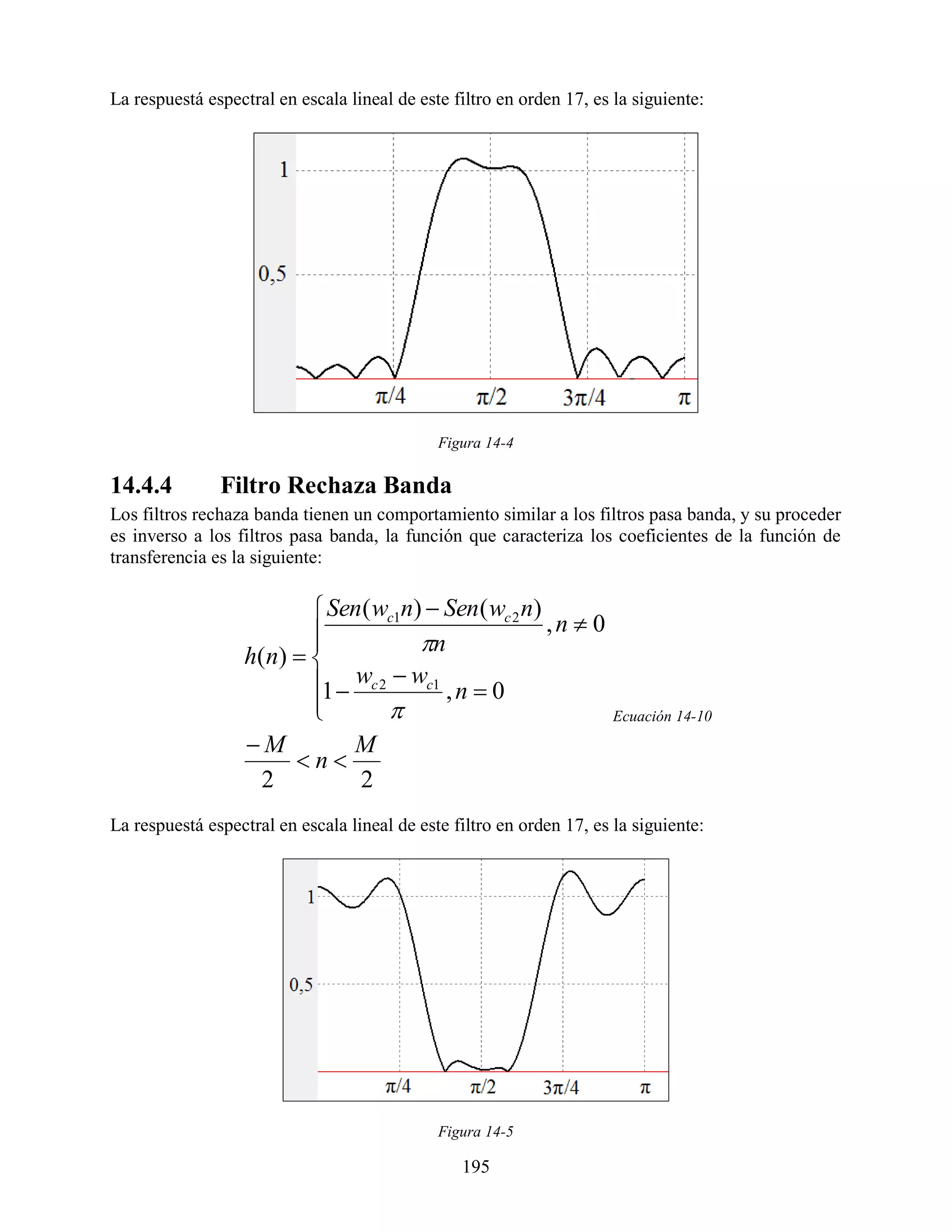 La respuestá espectral en escala lineal de este filtro en orden 17, es la siguiente:




                                              Figura 14-4

14.4.4         Filtro Rechaza Banda
Los filtros rechaza banda tienen un comportamiento similar a los filtros pasa banda, y su proceder
es inverso a los filtros pasa banda, la función que caracteriza los coeficientes de la función de
transferencia es la siguiente:

                           Sen ( wc1n)  Sen ( wc 2 n)
                                                       ,n  0
                                      n
                  h( n)  
                          1  wc 2  wc1 , n  0
                          
                                                                     Ecuación 14-10
                  M           M
                        n
                    2          2
La respuestá espectral en escala lineal de este filtro en orden 17, es la siguiente:




                                              Figura 14-5

                                                 195
 