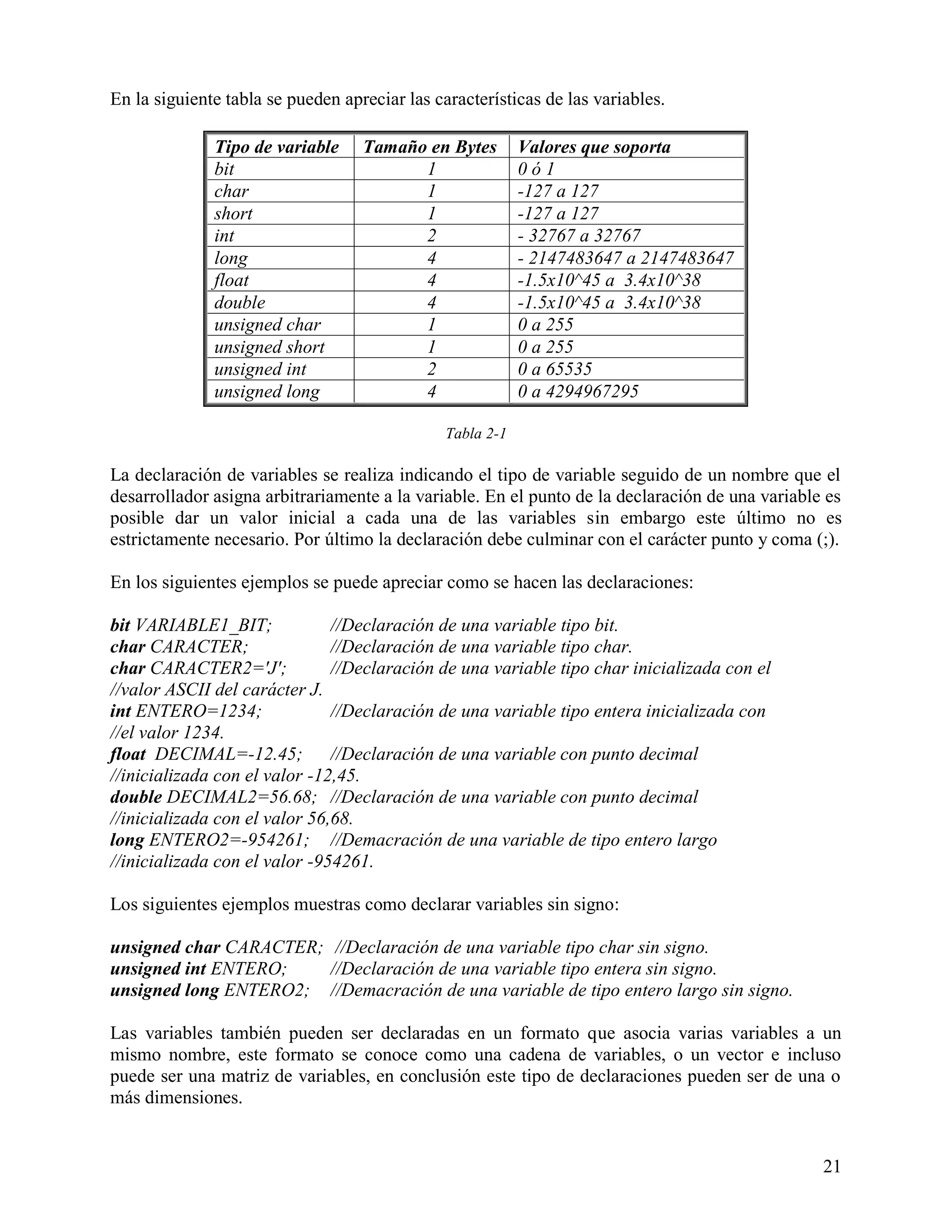 En la siguiente tabla se pueden apreciar las características de las variables.

              Tipo de variable     Tamaño en Bytes         Valores que soporta
              bit                        1                 0ó1
              char                       1                 -127 a 127
              short                      1                 -127 a 127
              int                        2                 - 32767 a 32767
              long                       4                 - 2147483647 a 2147483647
              float                      4                 -1.5x10^45 a 3.4x10^38
              double                     4                 -1.5x10^45 a 3.4x10^38
              unsigned char              1                 0 a 255
              unsigned short             1                 0 a 255
              unsigned int               2                 0 a 65535
              unsigned long              4                 0 a 4294967295

                                               Tabla 2-1

La declaración de variables se realiza indicando el tipo de variable seguido de un nombre que el
desarrollador asigna arbitrariamente a la variable. En el punto de la declaración de una variable es
posible dar un valor inicial a cada una de las variables sin embargo este último no es
estrictamente necesario. Por último la declaración debe culminar con el carácter punto y coma (;).

En los siguientes ejemplos se puede apreciar como se hacen las declaraciones:

bit VARIABLE1_BIT;             //Declaración de una variable tipo bit.
char CARACTER;                 //Declaración de una variable tipo char.
char CARACTER2='J';            //Declaración de una variable tipo char inicializada con el
//valor ASCII del carácter J.
int ENTERO=1234;               //Declaración de una variable tipo entera inicializada con
//el valor 1234.
float DECIMAL=-12.45; //Declaración de una variable con punto decimal
//inicializada con el valor -12,45.
double DECIMAL2=56.68; //Declaración de una variable con punto decimal
//inicializada con el valor 56,68.
long ENTERO2=-954261; //Demacración de una variable de tipo entero largo
//inicializada con el valor -954261.

Los siguientes ejemplos muestras como declarar variables sin signo:

unsigned char CARACTER; //Declaración de una variable tipo char sin signo.
unsigned int ENTERO;    //Declaración de una variable tipo entera sin signo.
unsigned long ENTERO2; //Demacración de una variable de tipo entero largo sin signo.

Las variables también pueden ser declaradas en un formato que asocia varias variables a un
mismo nombre, este formato se conoce como una cadena de variables, o un vector e incluso
puede ser una matriz de variables, en conclusión este tipo de declaraciones pueden ser de una o
más dimensiones.


                                                                                                 21
 