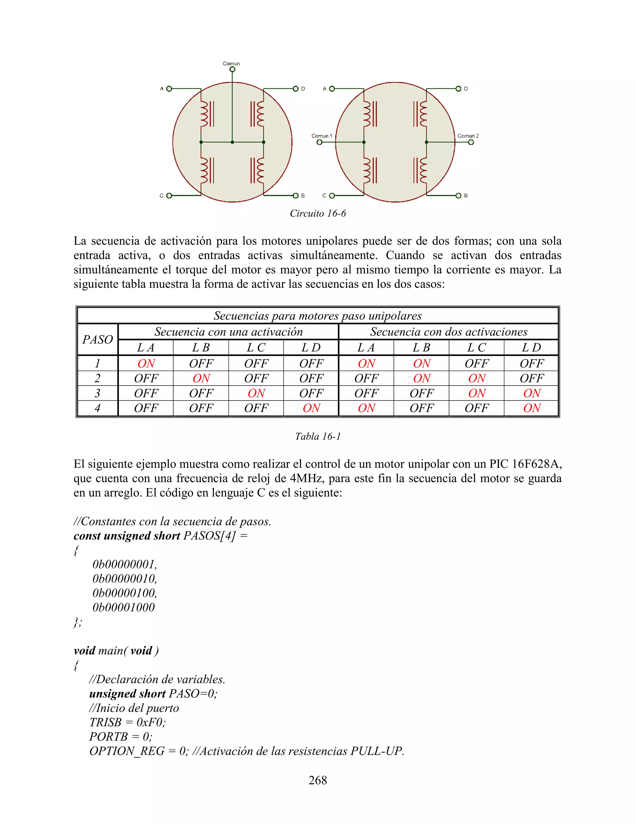 Circuito 16-6

La secuencia de activación para los motores unipolares puede ser de dos formas; con una sola
entrada activa, o dos entradas activas simultáneamente. Cuando se activan dos entradas
simultáneamente el torque del motor es mayor pero al mismo tiempo la corriente es mayor. La
siguiente tabla muestra la forma de activar las secuencias en los dos casos:

                         Secuencias para motores paso unipolares
              Secuencia con una activación            Secuencia con dos activaciones
 PASO
           LA       LB         LC         LD        LA        LB        LC         LD
    1      ON       OFF       OFF        OFF        ON        ON        OFF       OFF
    2      OFF      ON        OFF        OFF       OFF        ON        ON        OFF
    3      OFF      OFF        ON        OFF       OFF        OFF       ON         ON
    4      OFF      OFF       OFF         ON        ON        OFF       OFF        ON

                                           Tabla 16-1

El siguiente ejemplo muestra como realizar el control de un motor unipolar con un PIC 16F628A,
que cuenta con una frecuencia de reloj de 4MHz, para este fin la secuencia del motor se guarda
en un arreglo. El código en lenguaje C es el siguiente:

//Constantes con la secuencia de pasos.
const unsigned short PASOS[4] =
{
    0b00000001,
    0b00000010,
    0b00000100,
    0b00001000
};

void main( void )
{
   //Declaración de variables.
   unsigned short PASO=0;
   //Inicio del puerto
   TRISB = 0xF0;
   PORTB = 0;
   OPTION_REG = 0; //Activación de las resistencias PULL-UP.

                                              268
 