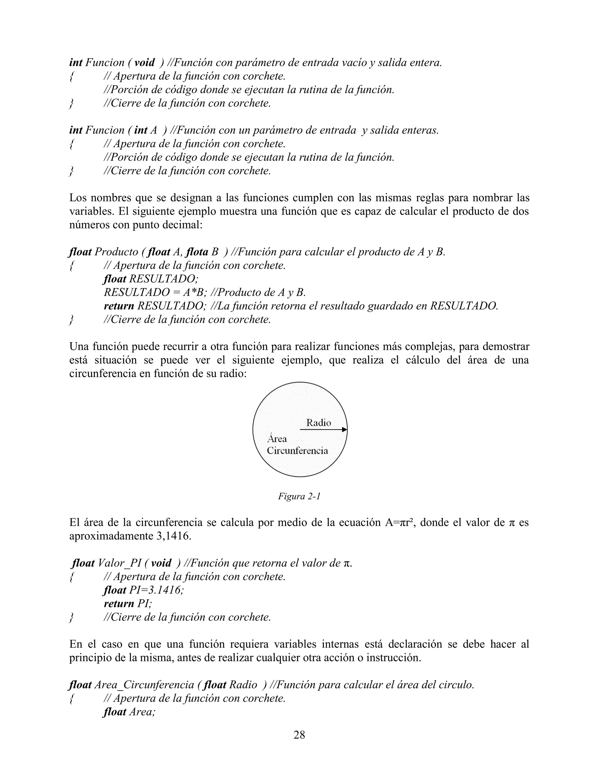 int Funcion ( void ) //Función con parámetro de entrada vacío y salida entera.
{      // Apertura de la función con corchete.
       //Porción de código donde se ejecutan la rutina de la función.
}      //Cierre de la función con corchete.

int Funcion ( int A ) //Función con un parámetro de entrada y salida enteras.
{      // Apertura de la función con corchete.
       //Porción de código donde se ejecutan la rutina de la función.
}      //Cierre de la función con corchete.

Los nombres que se designan a las funciones cumplen con las mismas reglas para nombrar las
variables. El siguiente ejemplo muestra una función que es capaz de calcular el producto de dos
números con punto decimal:

float Producto ( float A, flota B ) //Función para calcular el producto de A y B.
{      // Apertura de la función con corchete.
       float RESULTADO;
       RESULTADO = A*B; //Producto de A y B.
       return RESULTADO; //La función retorna el resultado guardado en RESULTADO.
}      //Cierre de la función con corchete.

Una función puede recurrir a otra función para realizar funciones más complejas, para demostrar
está situación se puede ver el siguiente ejemplo, que realiza el cálculo del área de una
circunferencia en función de su radio:




                                            Figura 2-1

El área de la circunferencia se calcula por medio de la ecuación A=πr², donde el valor de π es
aproximadamente 3,1416.

 float Valor_PI ( void ) //Función que retorna el valor de π.
{       // Apertura de la función con corchete.
        float PI=3.1416;
        return PI;
}       //Cierre de la función con corchete.

En el caso en que una función requiera variables internas está declaración se debe hacer al
principio de la misma, antes de realizar cualquier otra acción o instrucción.

float Area_Circunferencia ( float Radio ) //Función para calcular el área del circulo.
{      // Apertura de la función con corchete.
       float Area;
                                                28
 