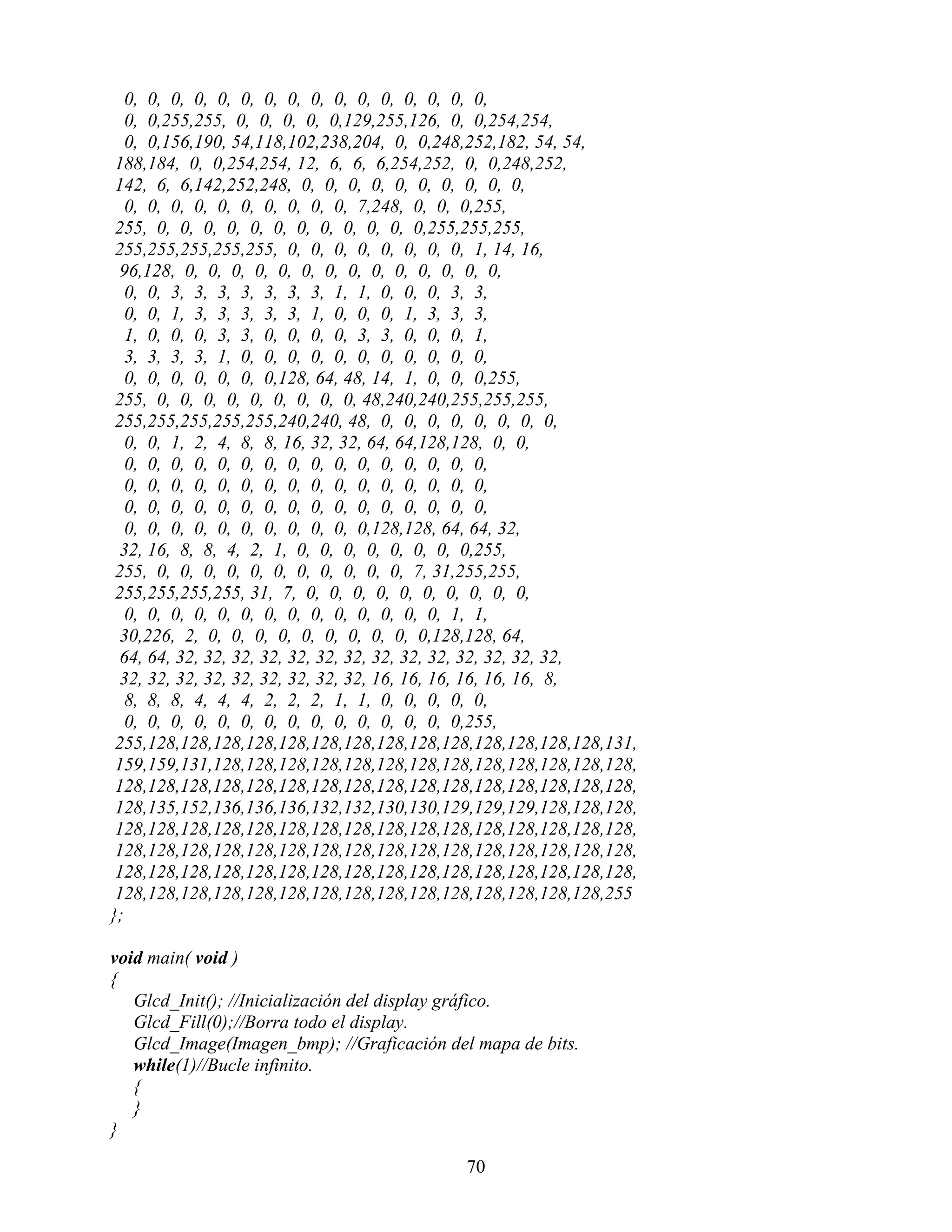 0, 0, 0, 0, 0, 0, 0, 0, 0, 0, 0, 0, 0, 0, 0, 0,
   0, 0,255,255, 0, 0, 0, 0, 0,129,255,126, 0, 0,254,254,
   0, 0,156,190, 54,118,102,238,204, 0, 0,248,252,182, 54, 54,
 188,184, 0, 0,254,254, 12, 6, 6, 6,254,252, 0, 0,248,252,
 142, 6, 6,142,252,248, 0, 0, 0, 0, 0, 0, 0, 0, 0, 0,
   0, 0, 0, 0, 0, 0, 0, 0, 0, 0, 7,248, 0, 0, 0,255,
 255, 0, 0, 0, 0, 0, 0, 0, 0, 0, 0, 0, 0,255,255,255,
 255,255,255,255,255, 0, 0, 0, 0, 0, 0, 0, 0, 1, 14, 16,
  96,128, 0, 0, 0, 0, 0, 0, 0, 0, 0, 0, 0, 0, 0, 0,
   0, 0, 3, 3, 3, 3, 3, 3, 3, 1, 1, 0, 0, 0, 3, 3,
   0, 0, 1, 3, 3, 3, 3, 3, 1, 0, 0, 0, 1, 3, 3, 3,
   1, 0, 0, 0, 3, 3, 0, 0, 0, 0, 3, 3, 0, 0, 0, 1,
   3, 3, 3, 3, 1, 0, 0, 0, 0, 0, 0, 0, 0, 0, 0, 0,
   0, 0, 0, 0, 0, 0, 0,128, 64, 48, 14, 1, 0, 0, 0,255,
 255, 0, 0, 0, 0, 0, 0, 0, 0, 0, 48,240,240,255,255,255,
 255,255,255,255,255,240,240, 48, 0, 0, 0, 0, 0, 0, 0, 0,
   0, 0, 1, 2, 4, 8, 8, 16, 32, 32, 64, 64,128,128, 0, 0,
   0, 0, 0, 0, 0, 0, 0, 0, 0, 0, 0, 0, 0, 0, 0, 0,
   0, 0, 0, 0, 0, 0, 0, 0, 0, 0, 0, 0, 0, 0, 0, 0,
   0, 0, 0, 0, 0, 0, 0, 0, 0, 0, 0, 0, 0, 0, 0, 0,
   0, 0, 0, 0, 0, 0, 0, 0, 0, 0, 0,128,128, 64, 64, 32,
  32, 16, 8, 8, 4, 2, 1, 0, 0, 0, 0, 0, 0, 0, 0,255,
 255, 0, 0, 0, 0, 0, 0, 0, 0, 0, 0, 0, 7, 31,255,255,
 255,255,255,255, 31, 7, 0, 0, 0, 0, 0, 0, 0, 0, 0, 0,
   0, 0, 0, 0, 0, 0, 0, 0, 0, 0, 0, 0, 0, 0, 1, 1,
  30,226, 2, 0, 0, 0, 0, 0, 0, 0, 0, 0, 0,128,128, 64,
  64, 64, 32, 32, 32, 32, 32, 32, 32, 32, 32, 32, 32, 32, 32, 32,
  32, 32, 32, 32, 32, 32, 32, 32, 32, 16, 16, 16, 16, 16, 16, 8,
   8, 8, 8, 4, 4, 4, 2, 2, 2, 1, 1, 0, 0, 0, 0, 0,
   0, 0, 0, 0, 0, 0, 0, 0, 0, 0, 0, 0, 0, 0, 0,255,
 255,128,128,128,128,128,128,128,128,128,128,128,128,128,128,131,
 159,159,131,128,128,128,128,128,128,128,128,128,128,128,128,128,
 128,128,128,128,128,128,128,128,128,128,128,128,128,128,128,128,
 128,135,152,136,136,136,132,132,130,130,129,129,129,128,128,128,
 128,128,128,128,128,128,128,128,128,128,128,128,128,128,128,128,
 128,128,128,128,128,128,128,128,128,128,128,128,128,128,128,128,
 128,128,128,128,128,128,128,128,128,128,128,128,128,128,128,128,
 128,128,128,128,128,128,128,128,128,128,128,128,128,128,128,255
};

void main( void )
{
   Glcd_Init(); //Inicialización del display gráfico.
   Glcd_Fill(0);//Borra todo el display.
   Glcd_Image(Imagen_bmp); //Graficación del mapa de bits.
   while(1)//Bucle infinito.
   {
   }
}

                                            70
 