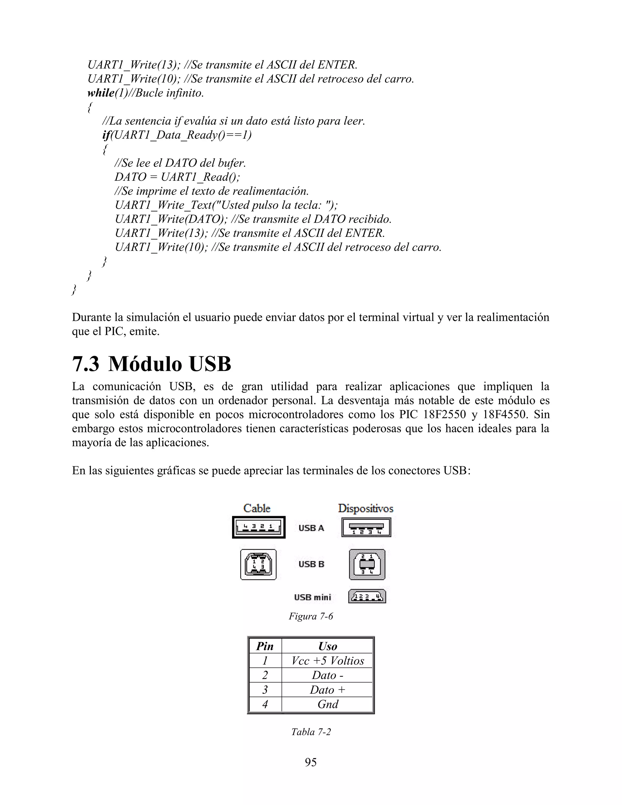 UART1_Write(13); //Se transmite el ASCII del ENTER.
    UART1_Write(10); //Se transmite el ASCII del retroceso del carro.
    while(1)//Bucle infinito.
    {
      //La sentencia if evalúa si un dato está listo para leer.
      if(UART1_Data_Ready()==1)
      {
         //Se lee el DATO del bufer.
         DATO = UART1_Read();
         //Se imprime el texto de realimentación.
         UART1_Write_Text("Usted pulso la tecla: ");
         UART1_Write(DATO); //Se transmite el DATO recibido.
         UART1_Write(13); //Se transmite el ASCII del ENTER.
         UART1_Write(10); //Se transmite el ASCII del retroceso del carro.
      }
    }
}

Durante la simulación el usuario puede enviar datos por el terminal virtual y ver la realimentación
que el PIC, emite.

7.3 Módulo USB
La comunicación USB, es de gran utilidad para realizar aplicaciones que impliquen la
transmisión de datos con un ordenador personal. La desventaja más notable de este módulo es
que solo está disponible en pocos microcontroladores como los PIC 18F2550 y 18F4550. Sin
embargo estos microcontroladores tienen características poderosas que los hacen ideales para la
mayoría de las aplicaciones.

En las siguientes gráficas se puede apreciar las terminales de los conectores USB:




                                            Figura 7-6


                                      Pin         Uso
                                       1     Vcc +5 Voltios
                                       2         Dato -
                                       3        Dato +
                                       4          Gnd

                                             Tabla 7-2


                                                95
 